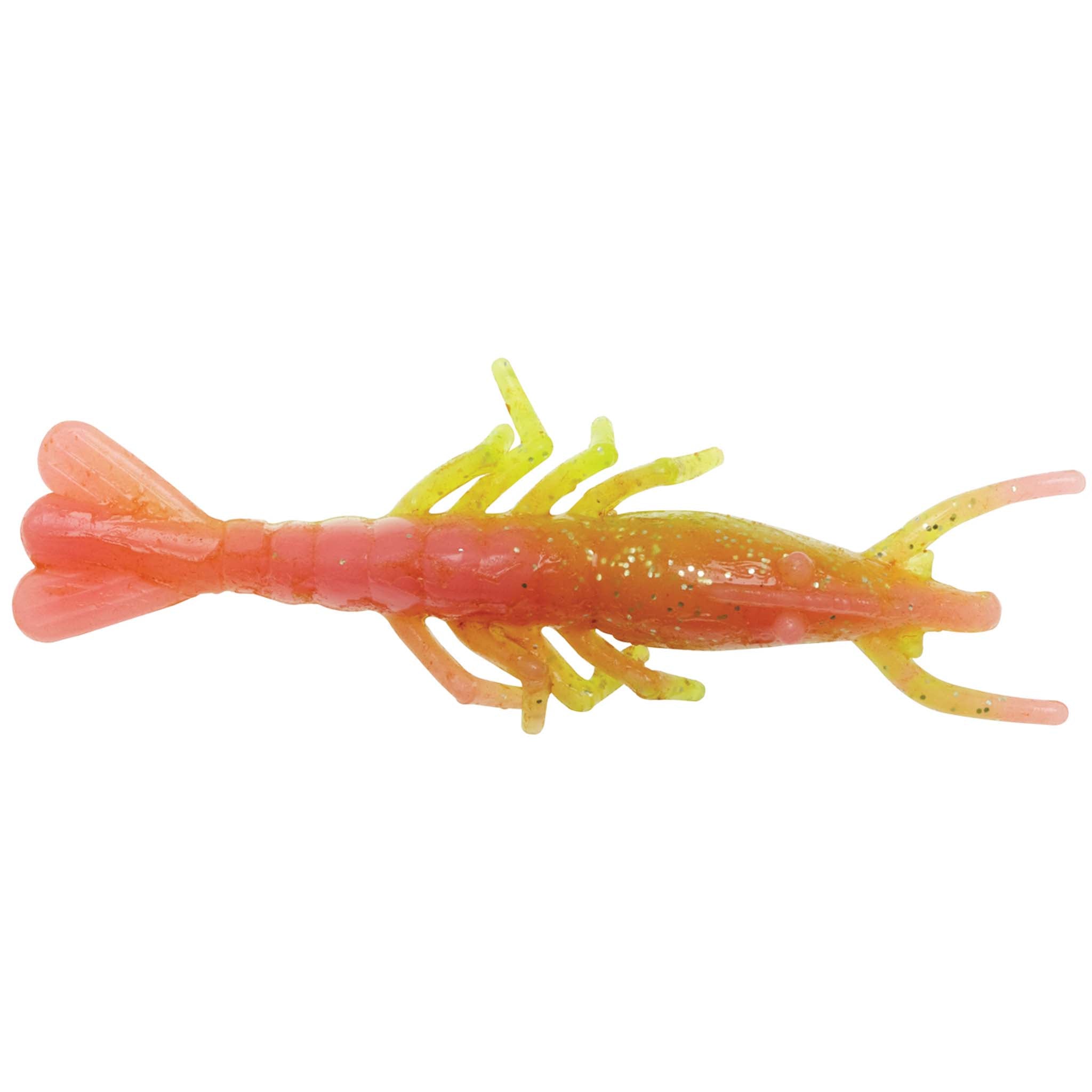 Scented shrimp lure in red-orange with yellow tentacles and glitter finish