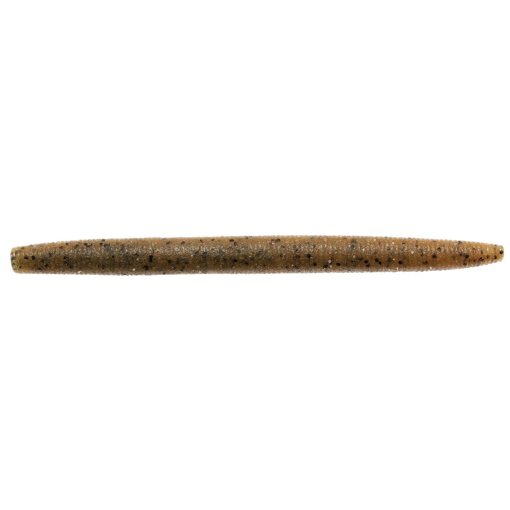 Tan-brown speckled soft fishing lure with tapered worm-like body