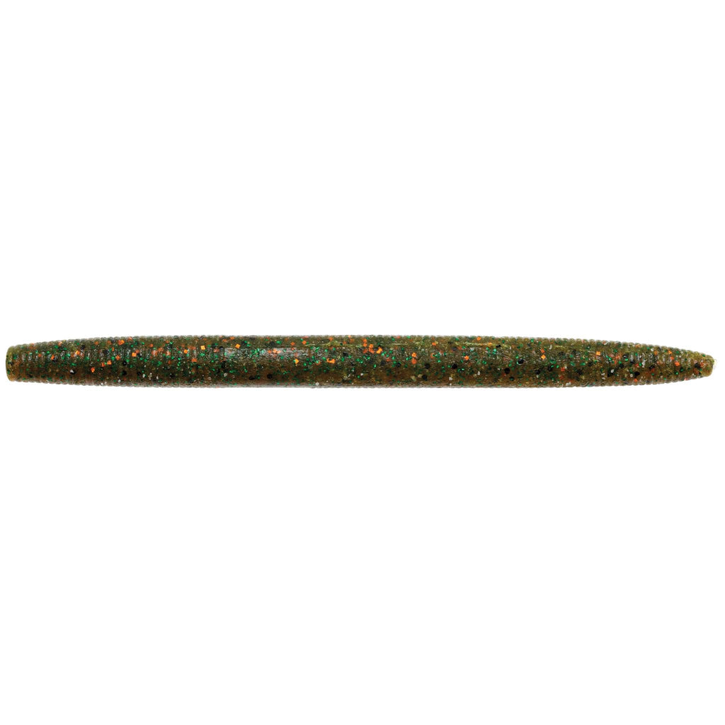 Green speckled soft fishing lure with tapered worm-like body