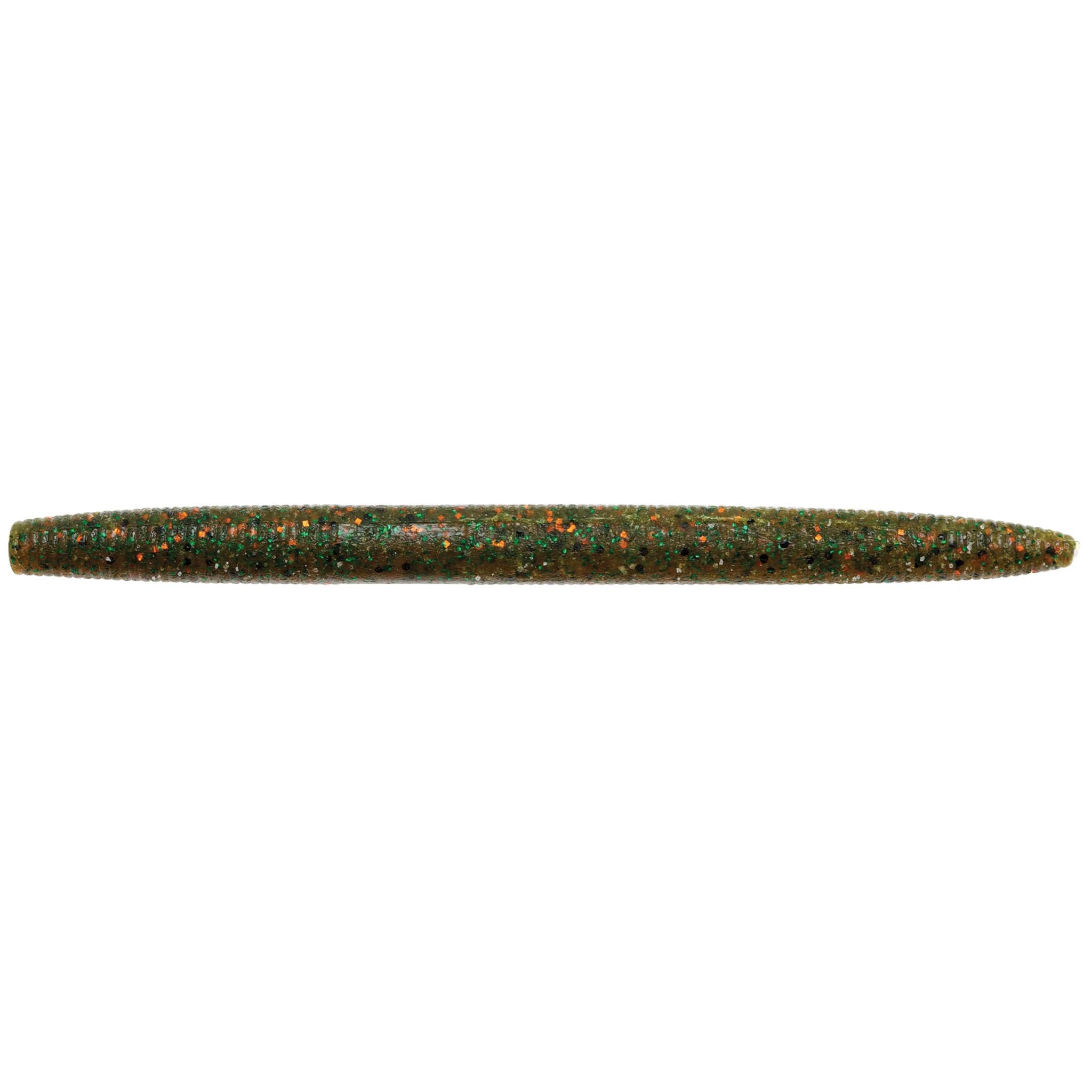 Green speckled soft fishing lure with tapered worm-like body