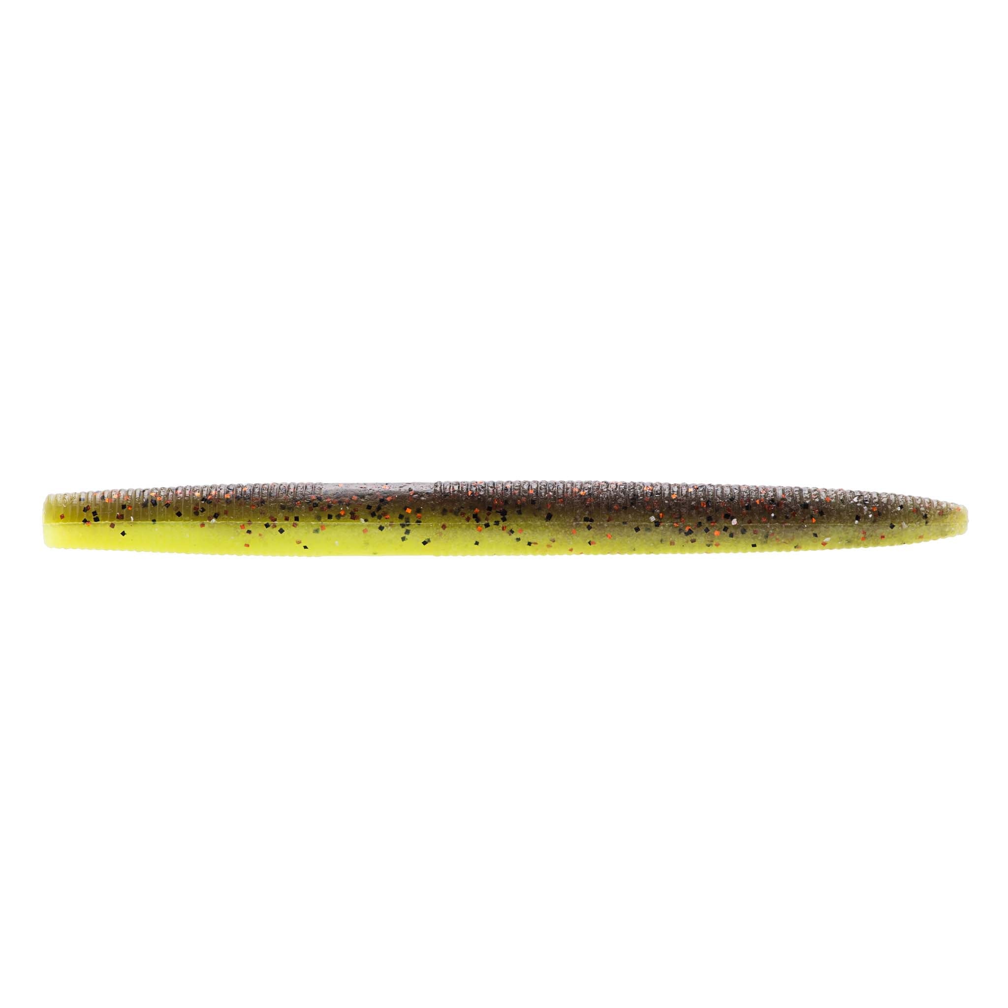 Yellow speckled soft fishing lure with tapered worm-like body