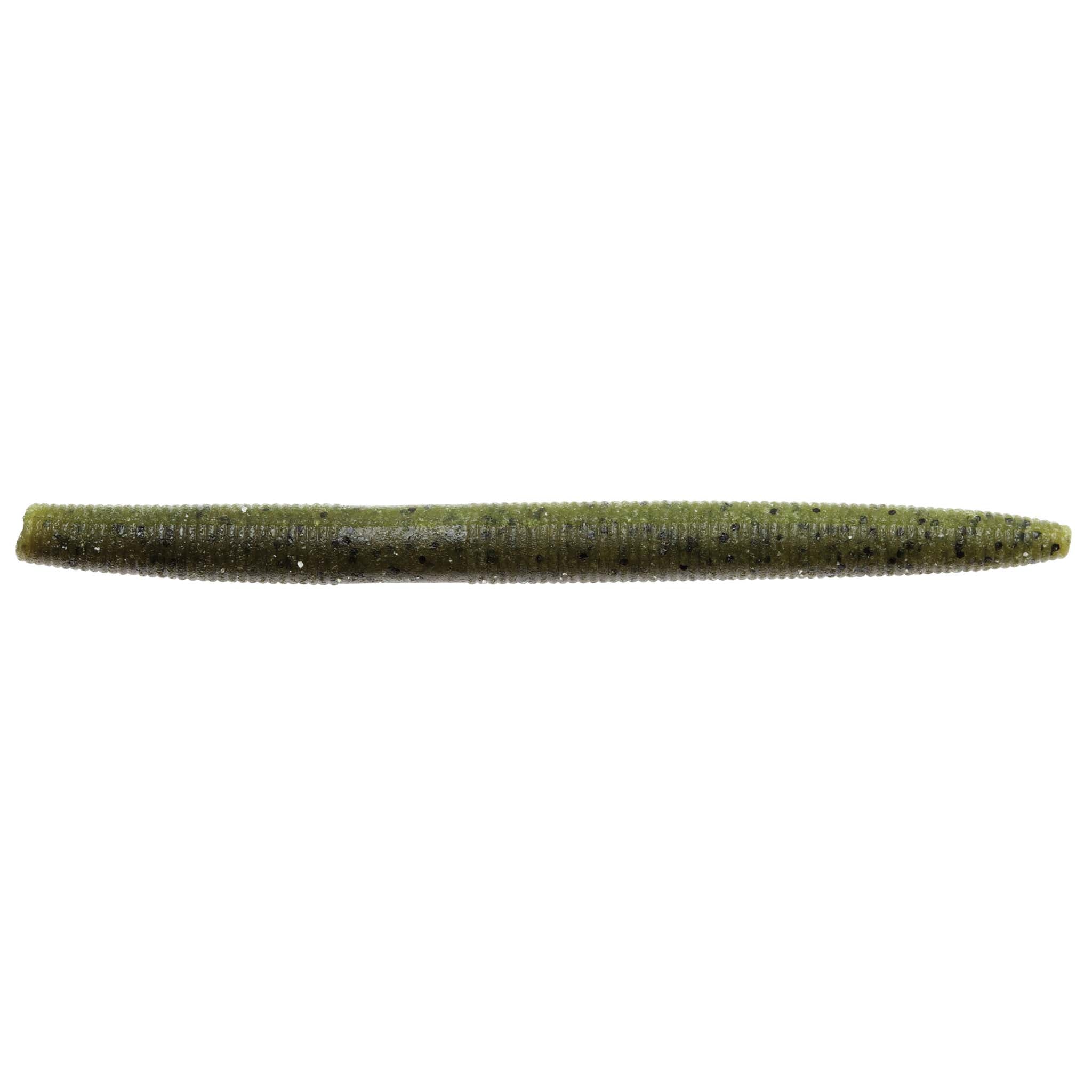 Dark green speckled soft fishing lure with tapered worm-like body