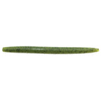 Soft plastic fishing lure in green with dark speckles along the body