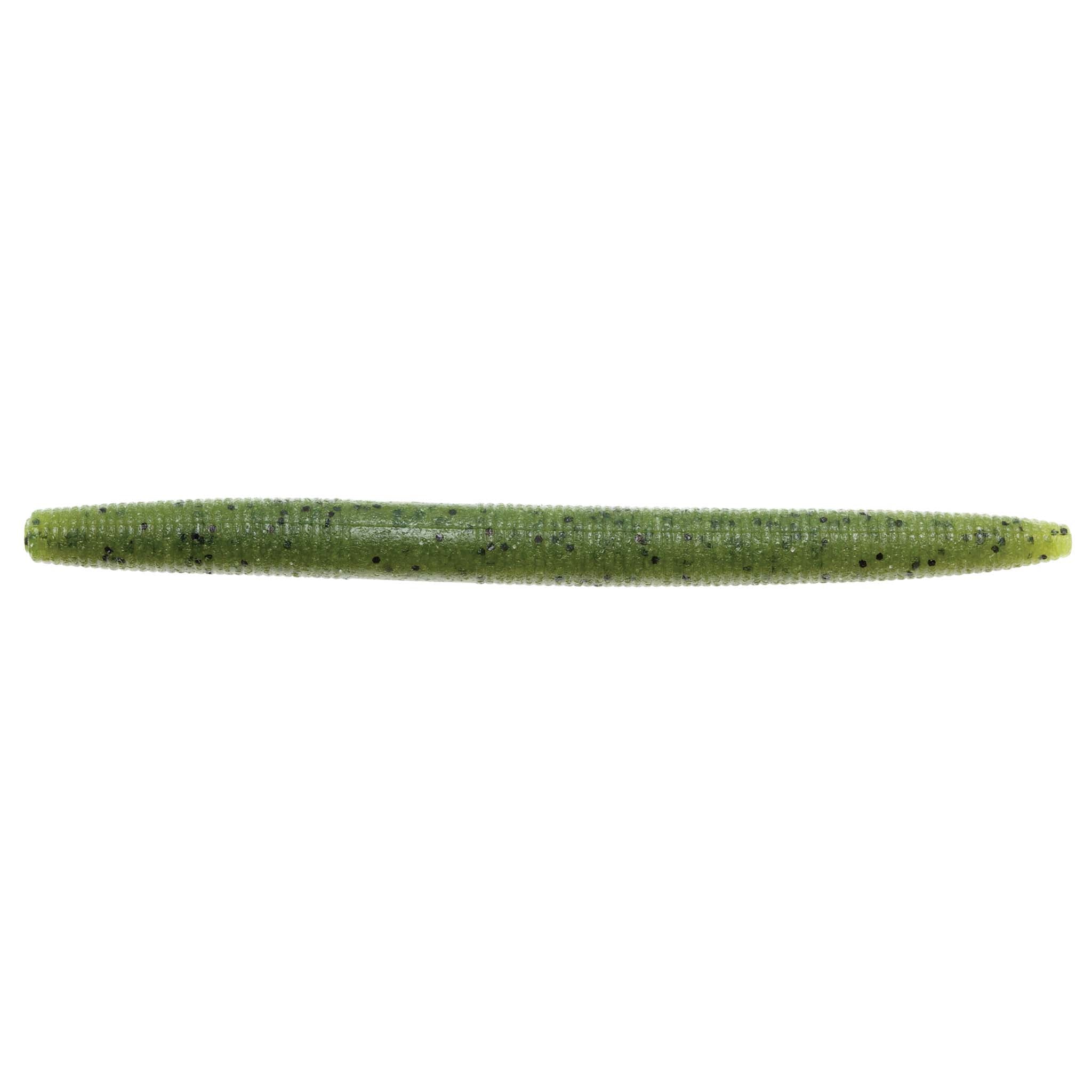 Soft plastic fishing lure in green with dark speckles along the body