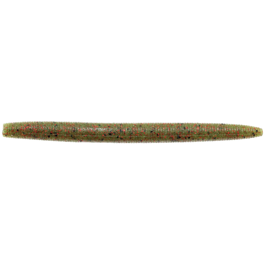 Soft plastic fishing lure in olive-brown with red and black speckles