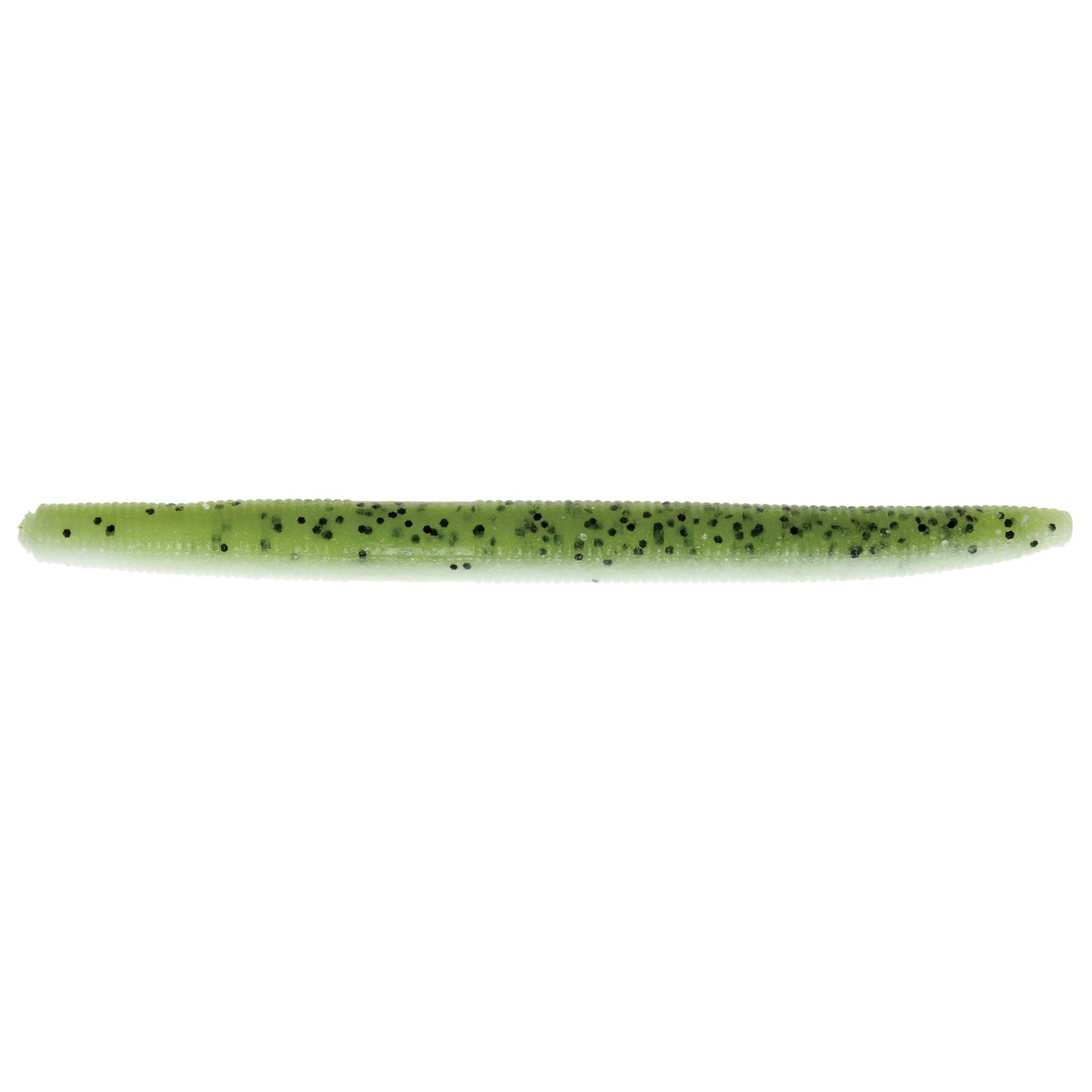 Soft plastic fishing lure in light green with scattered dark dots