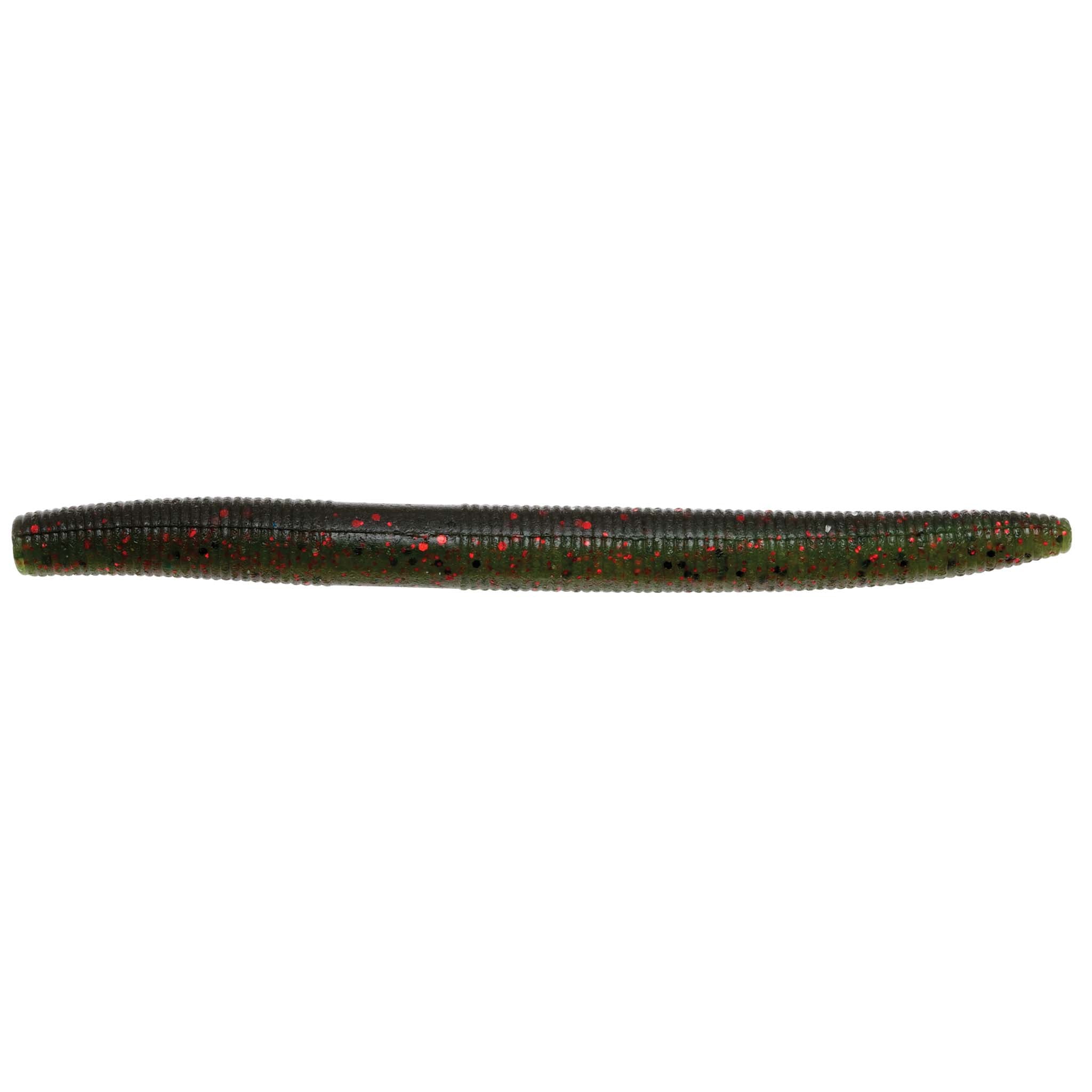 Dark gray speckled soft fishing lure with red flecks and tapered body