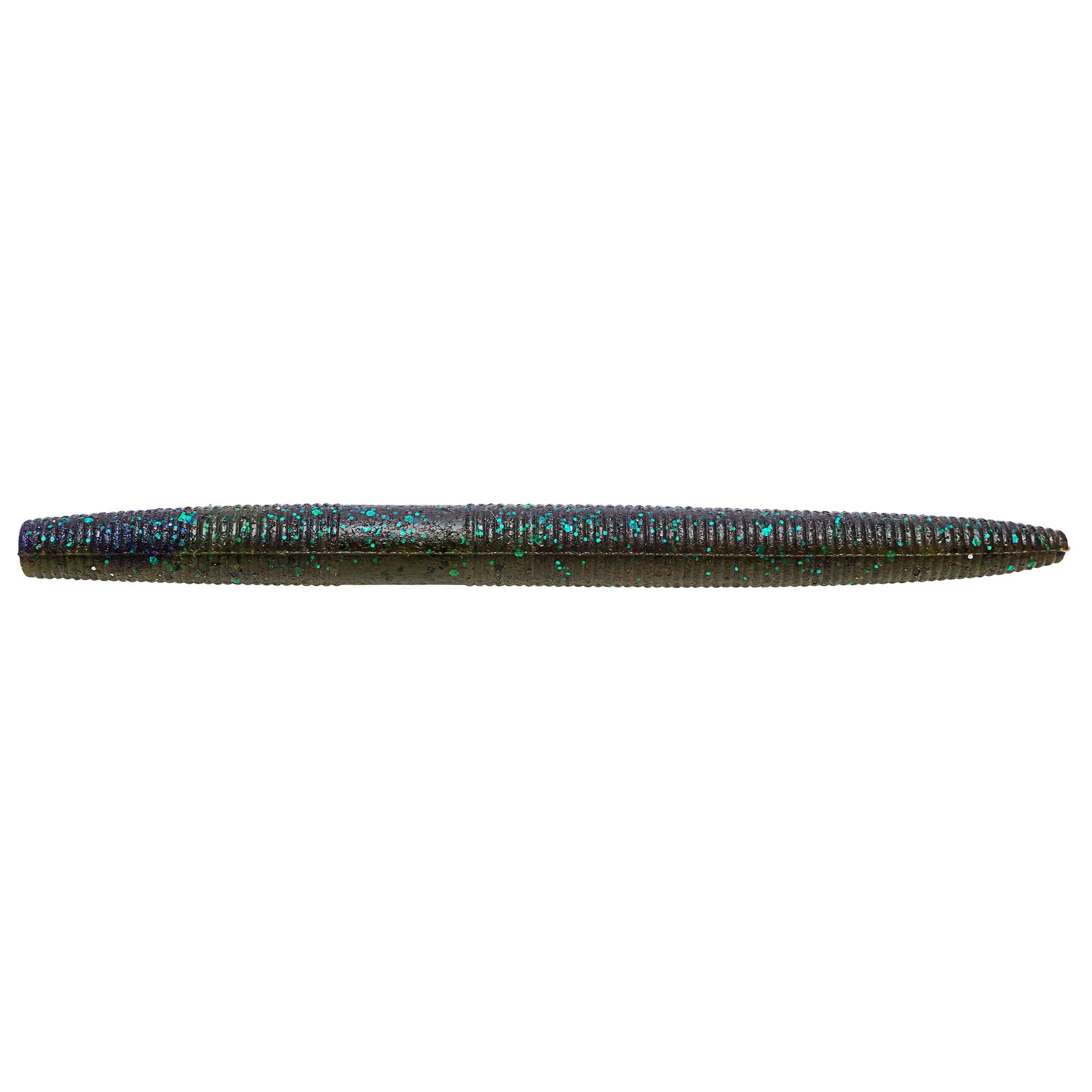 Blue and dark green speckled soft fishing lure with tapered worm-like body