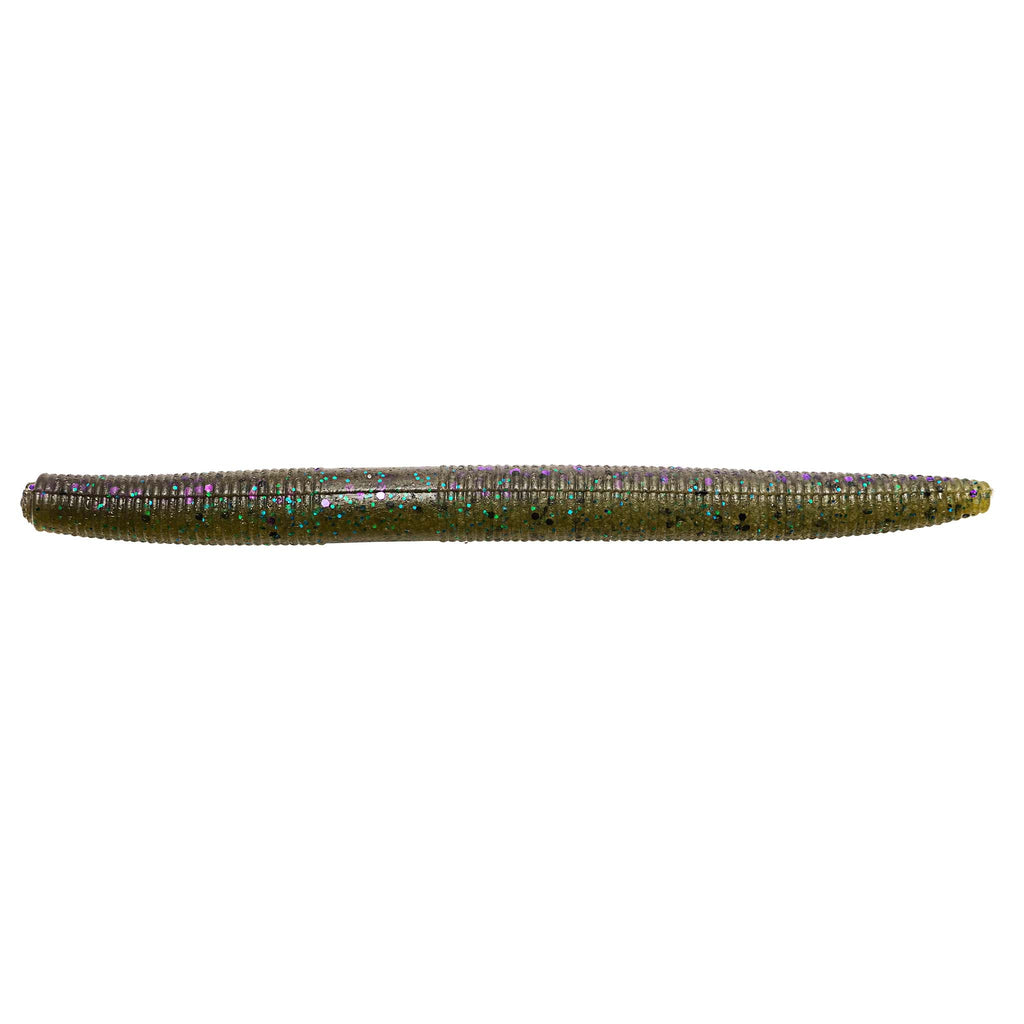 Soft plastic fishing lure in dark green with iridescent glitter specks