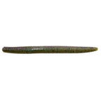 Soft plastic fishing lure in dark green with iridescent glitter specks