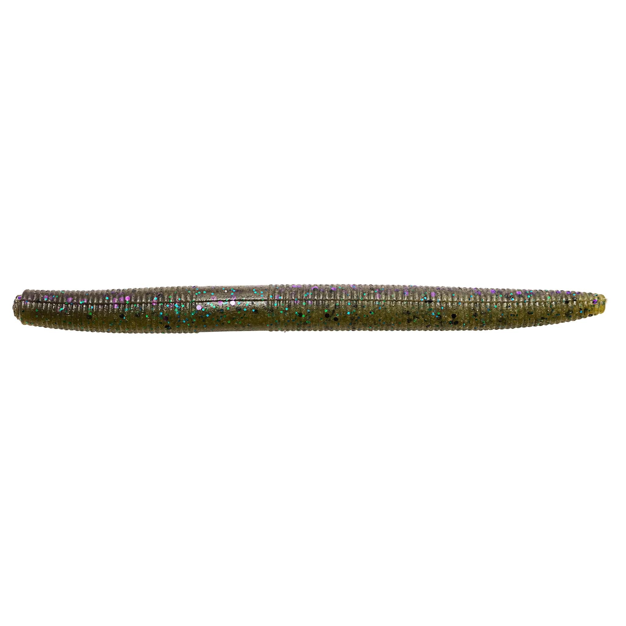 Soft plastic fishing lure in dark green with iridescent glitter specks