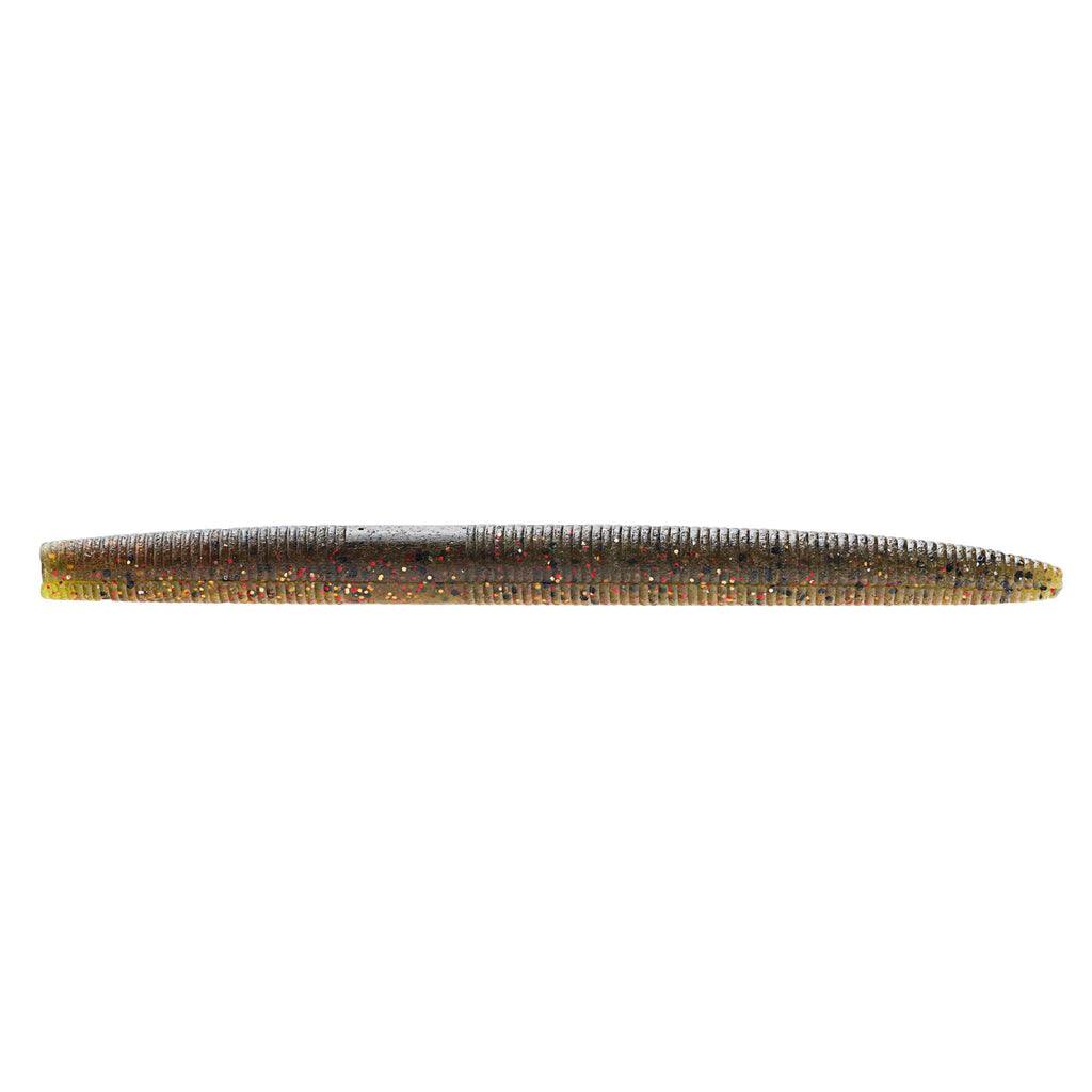 Soft plastic fishing lure in brown with orange and dark speckles