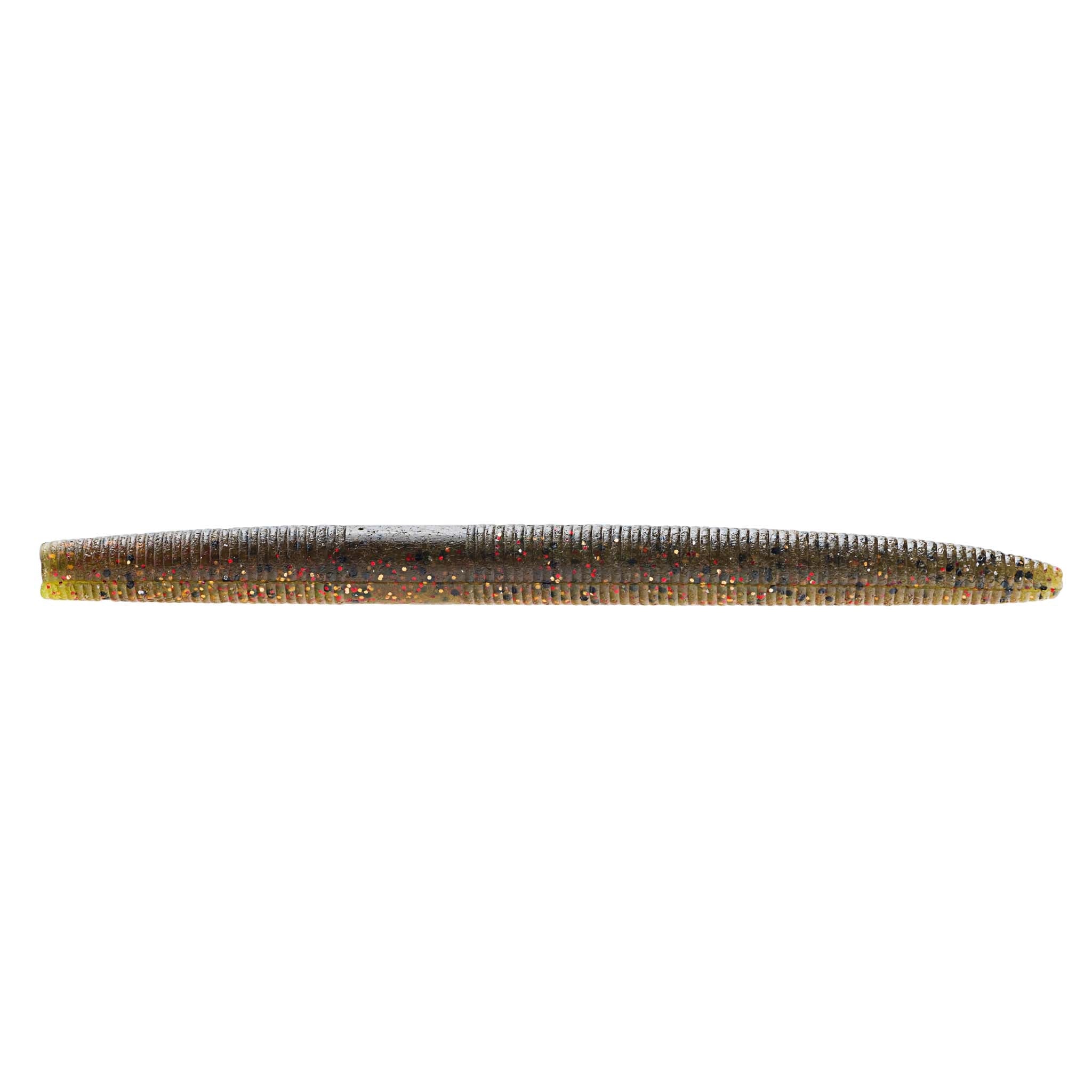Soft plastic fishing lure in brown with orange and dark speckles