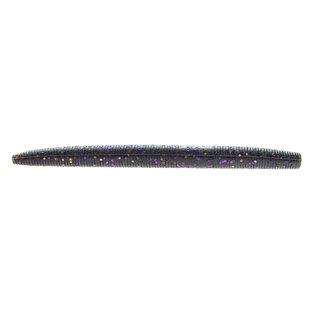 Soft plastic fishing lure in dark gray with purple iridescent flecks