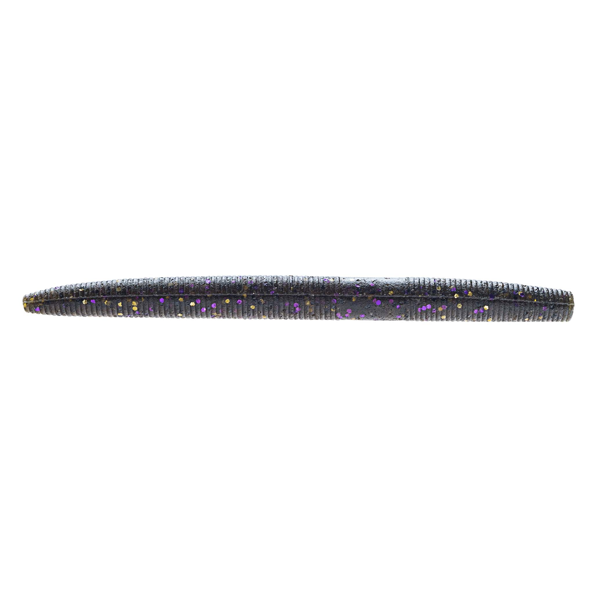 Soft plastic fishing lure in dark gray with purple iridescent flecks