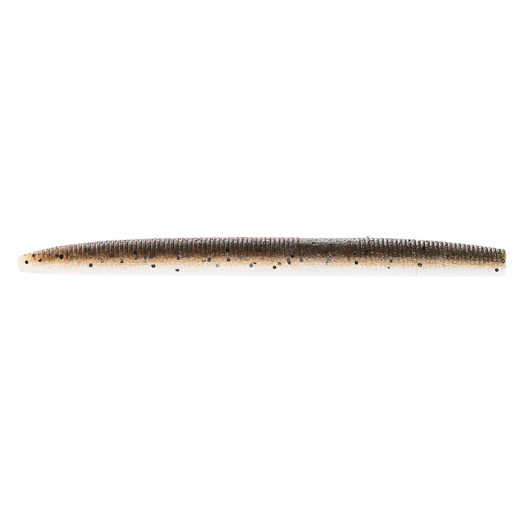 Soft plastic fishing lure in pale tan with black speckles and striping
