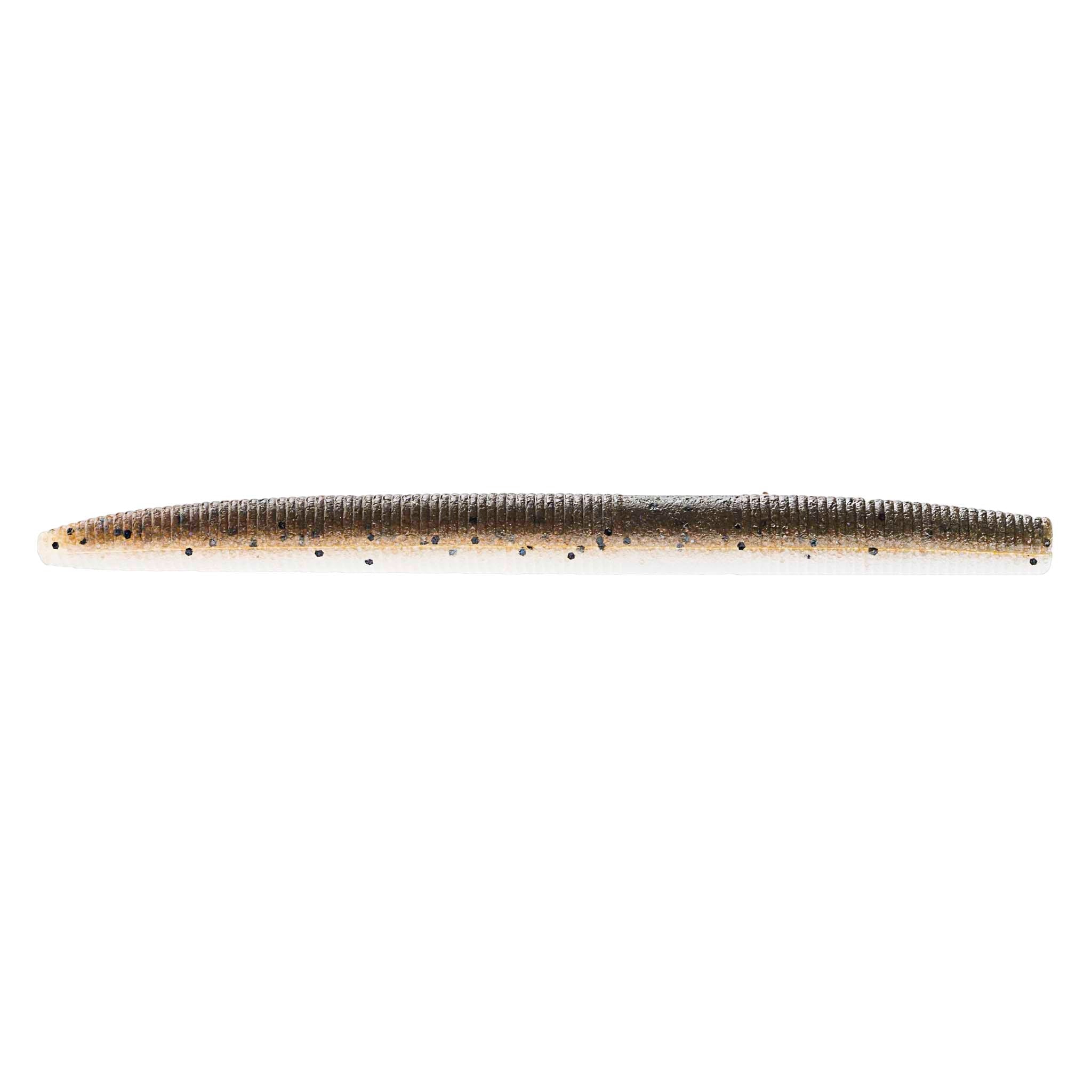Soft plastic fishing lure in pale tan with black speckles and striping