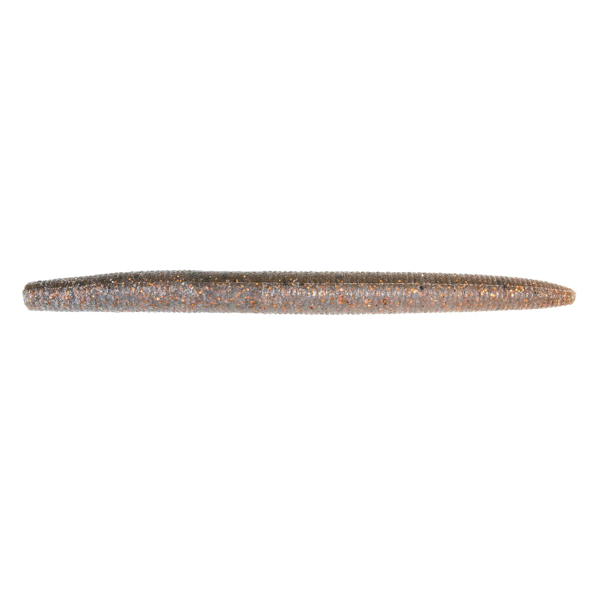 Light gray-brown speckled soft fishing lure with tapered worm-like body
