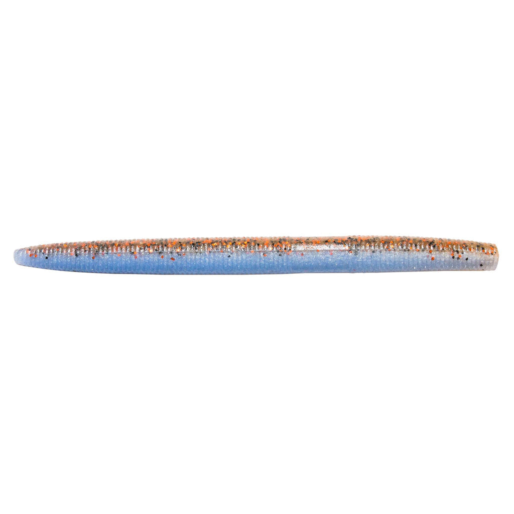 ZinkerZ fishing lure, slender light-blue bait with orange speckles along the body.