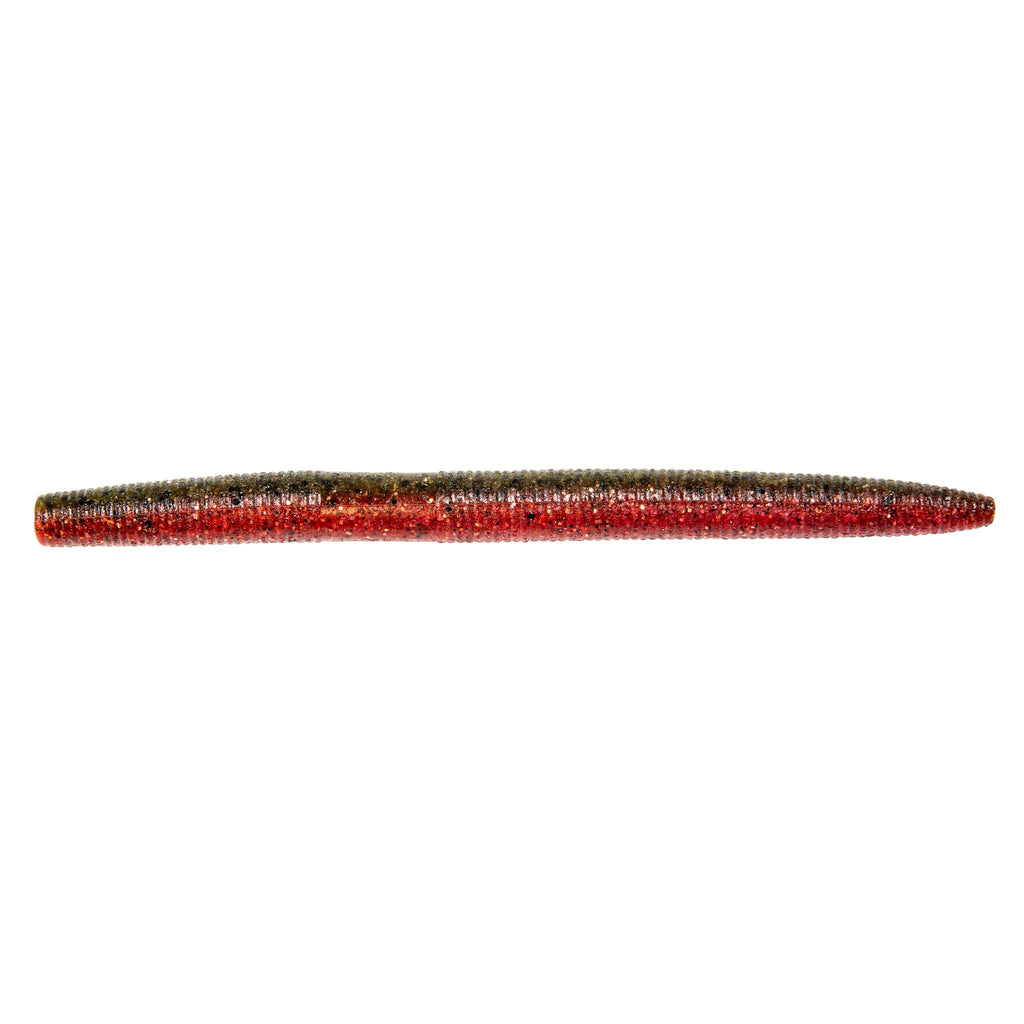 ZinkerZ fishing lure, slender red speckled bait with glossy glitter texture.