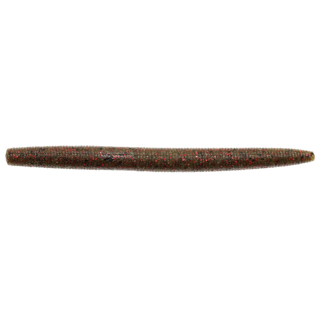 Dark brown speckled soft fishing lure with tapered worm-like body