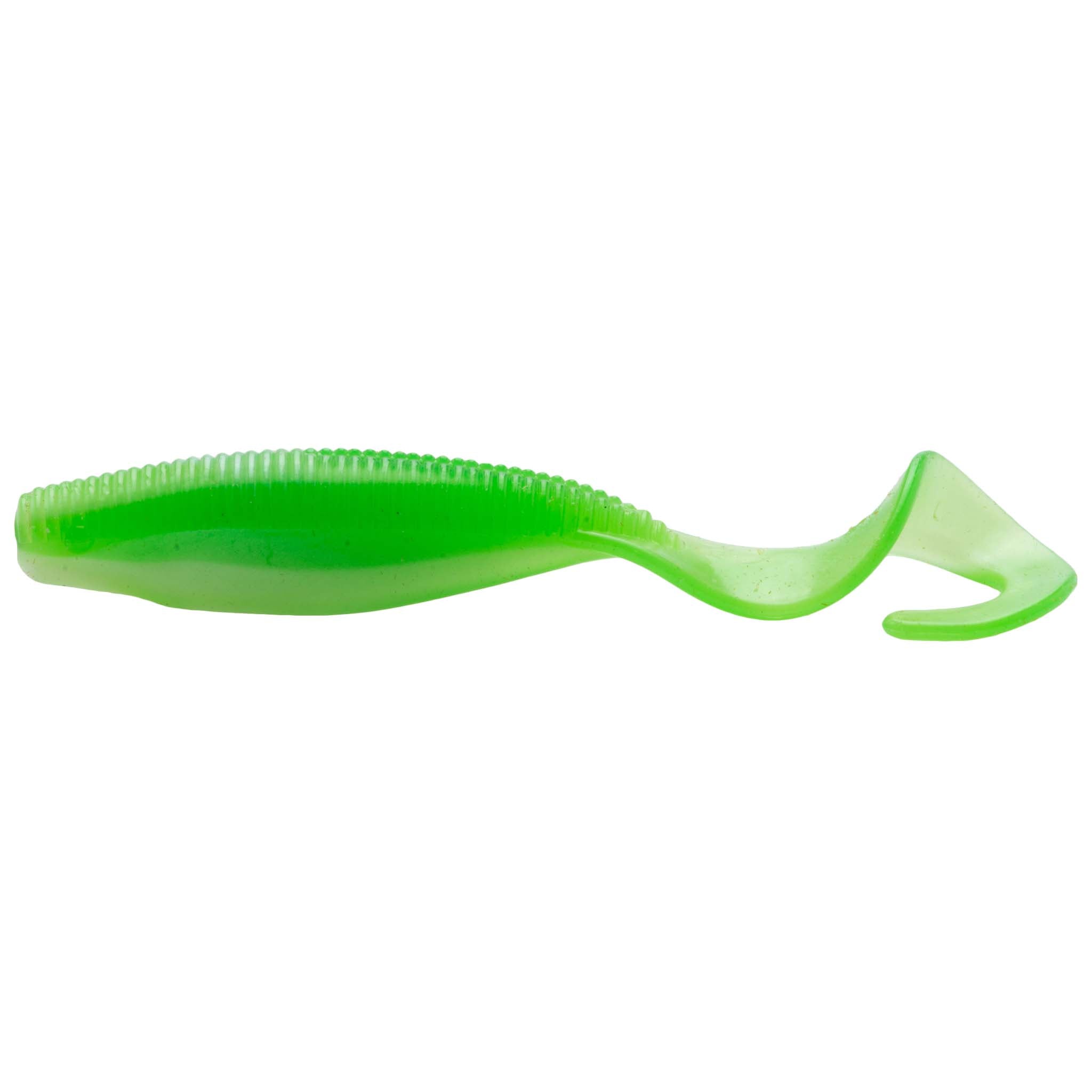 Scented curly tail fishing lure, neon green body with curled tail cutout
