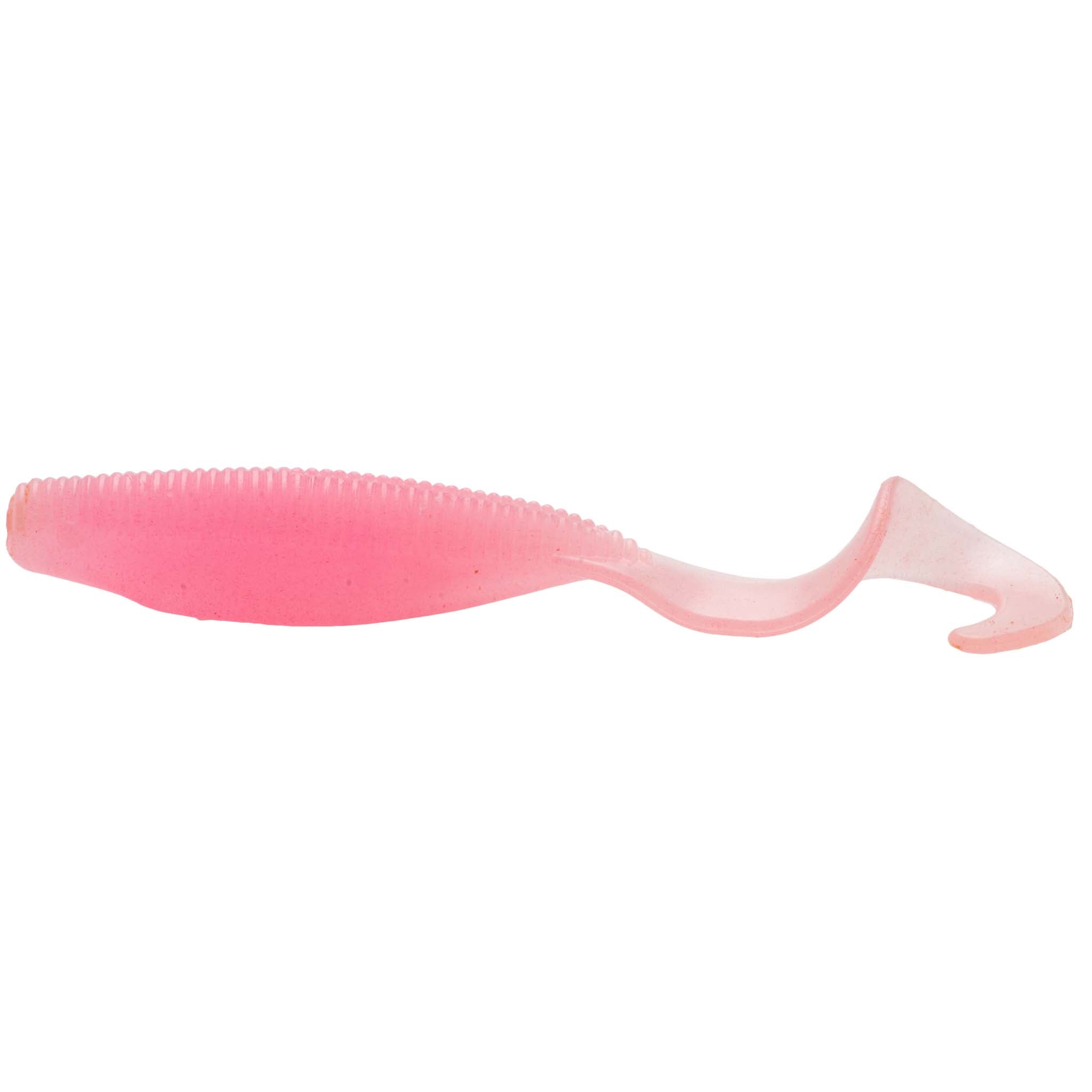 Scented curly tail fishing lure, pale pink translucent body with curled tail