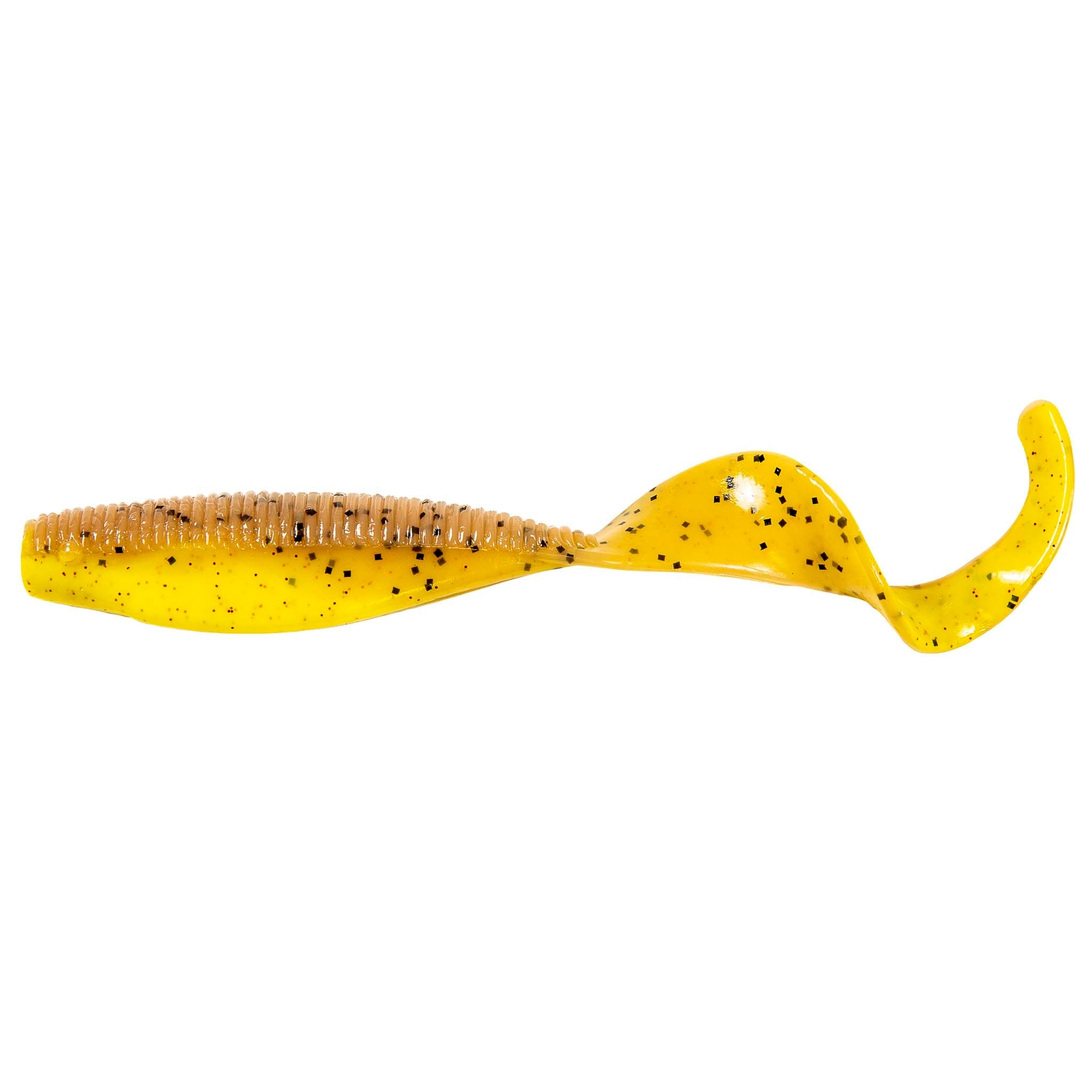 Scented curly tail fishing lure, yellow speckled body with curled tail
