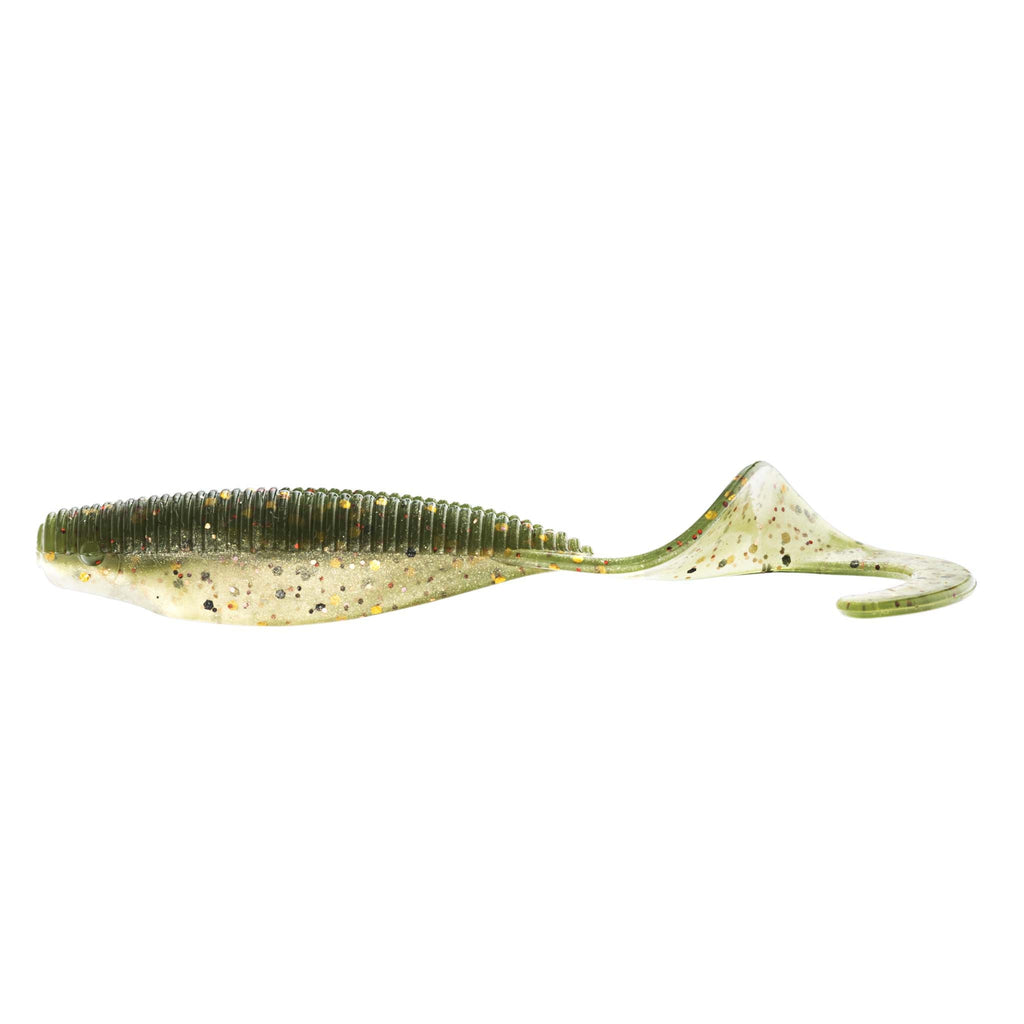 Scented curly tail fishing lure, olive-green speckled body with curled tail