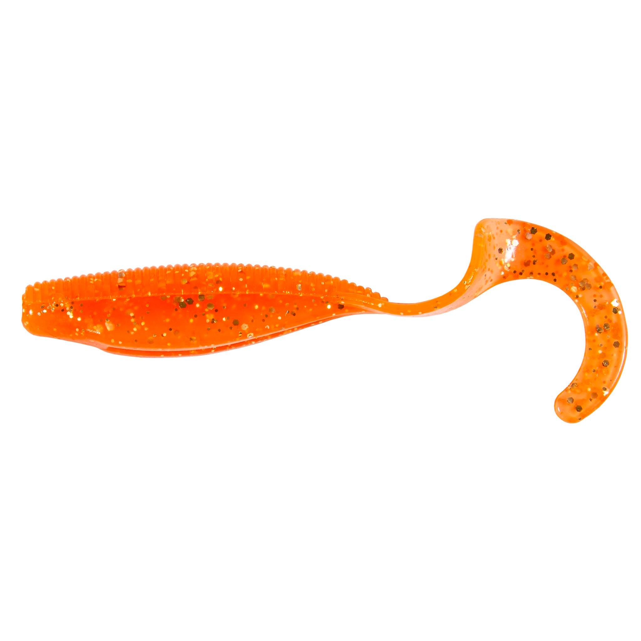 Scented curly tail fishing lure, orange glitter body with curled tail cutout