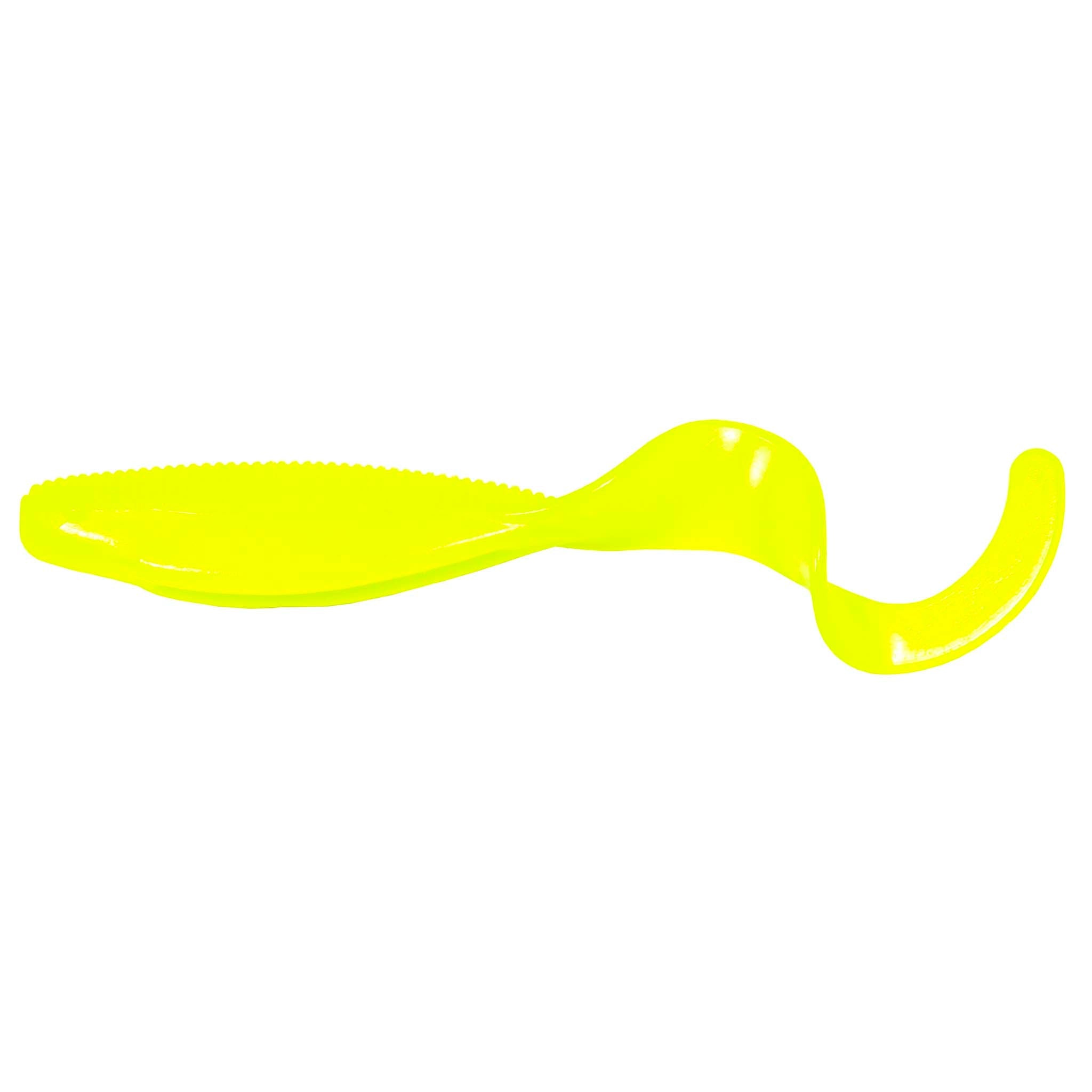 Scented curly tail fishing lure, bright neon yellow with curled double-tail profile