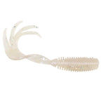Fishing grub lure in translucent pale color with faint specks, ribbed grub body