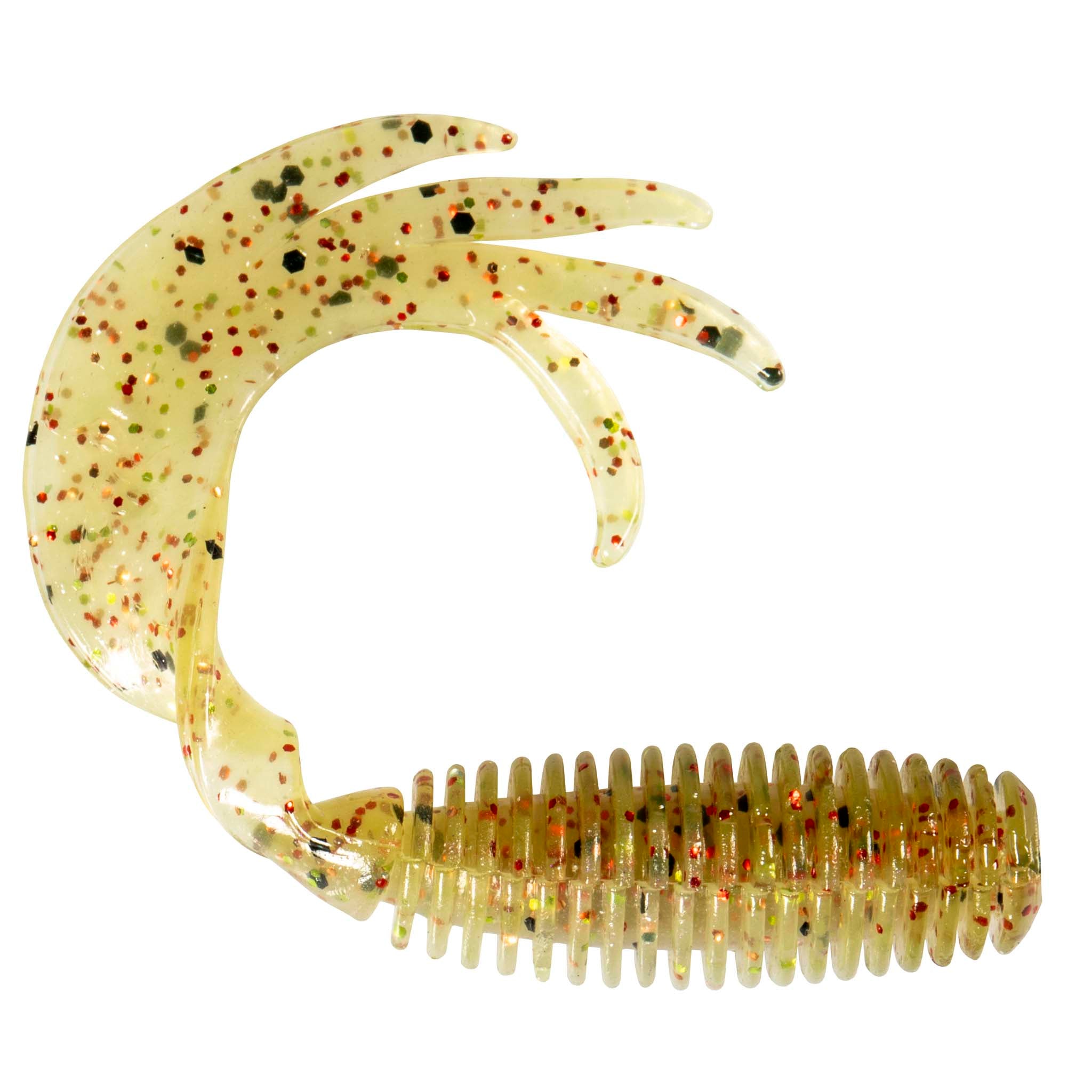Fishing grub lure in clear yellow with dark speckles, ribbed body