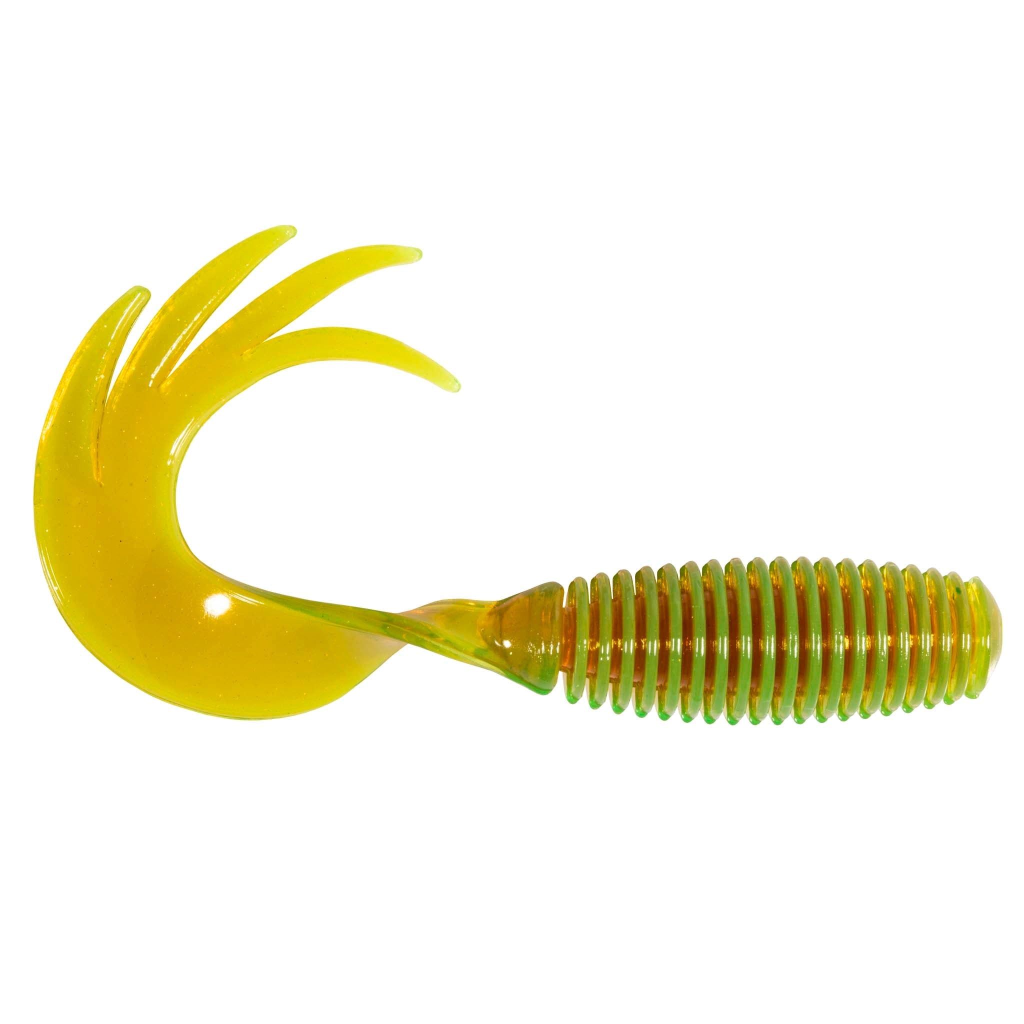 Fishing grub lure in bright yellow-green with ribbed grub body and tail fins