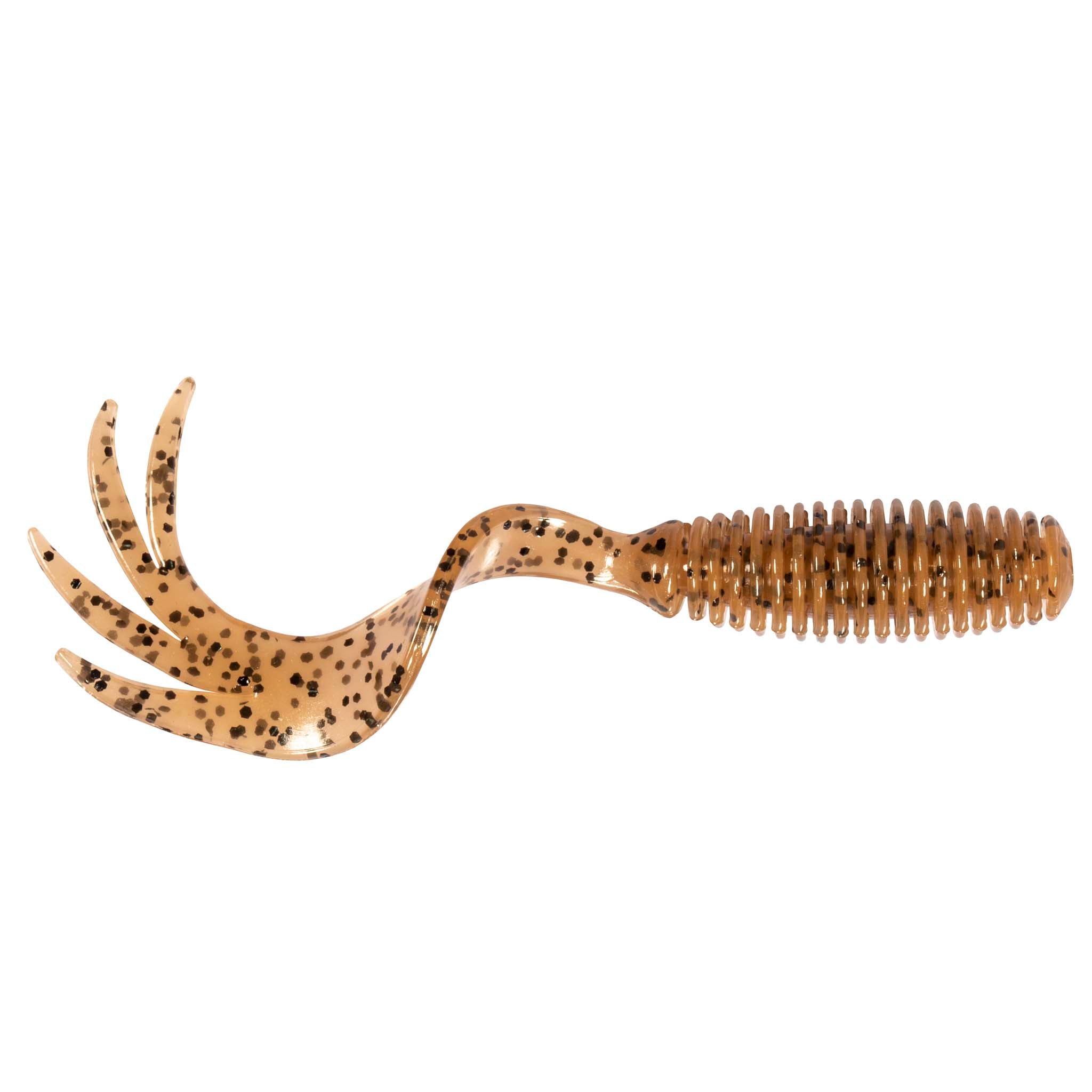 Fishing grub lure in light tan with black-brown speckles, ribbed grub body