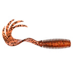 Fishing grub lure in orange-brown with dark speckles, ribbed grub body
