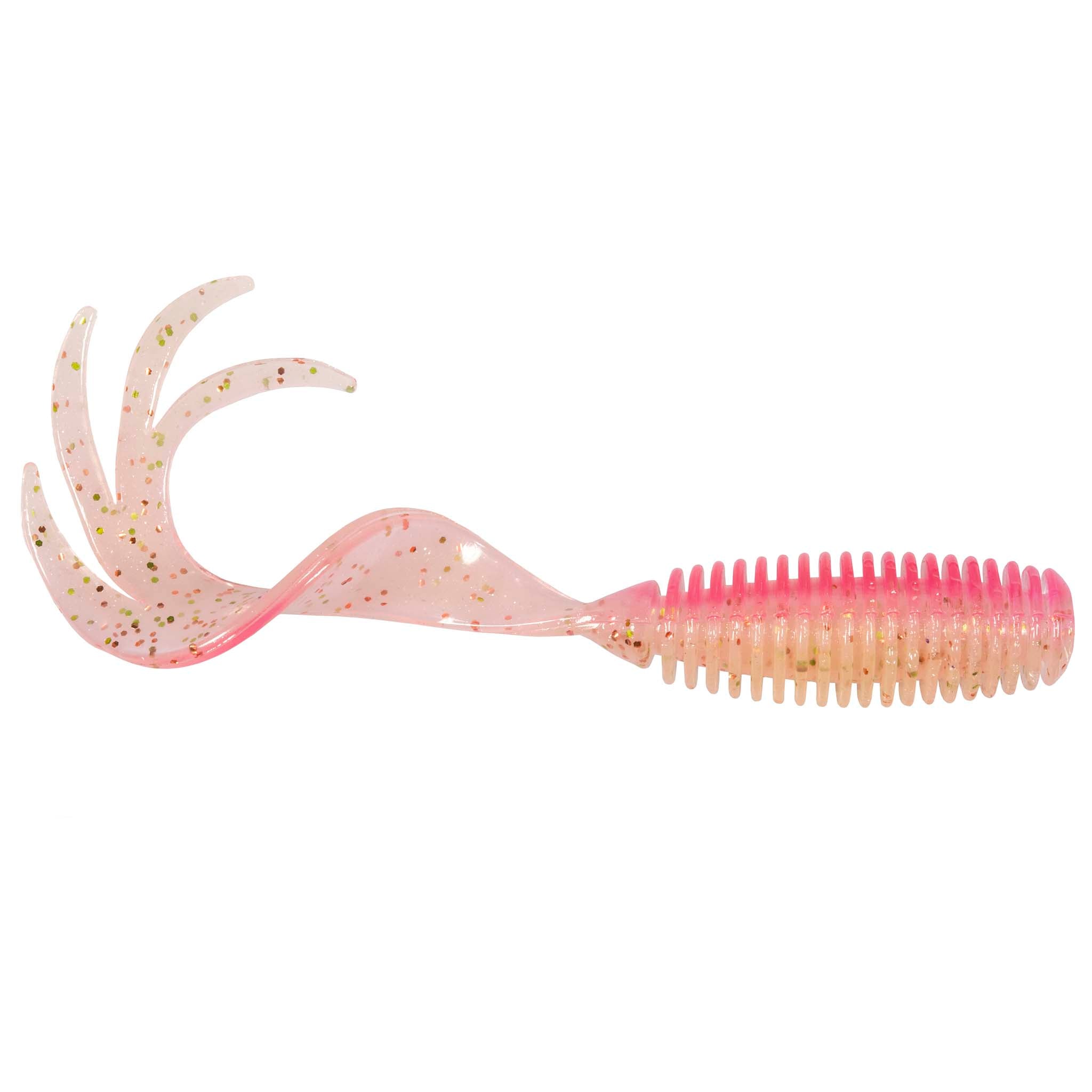 Fishing grub lure in translucent pink with gold speckles, ribbed grub body