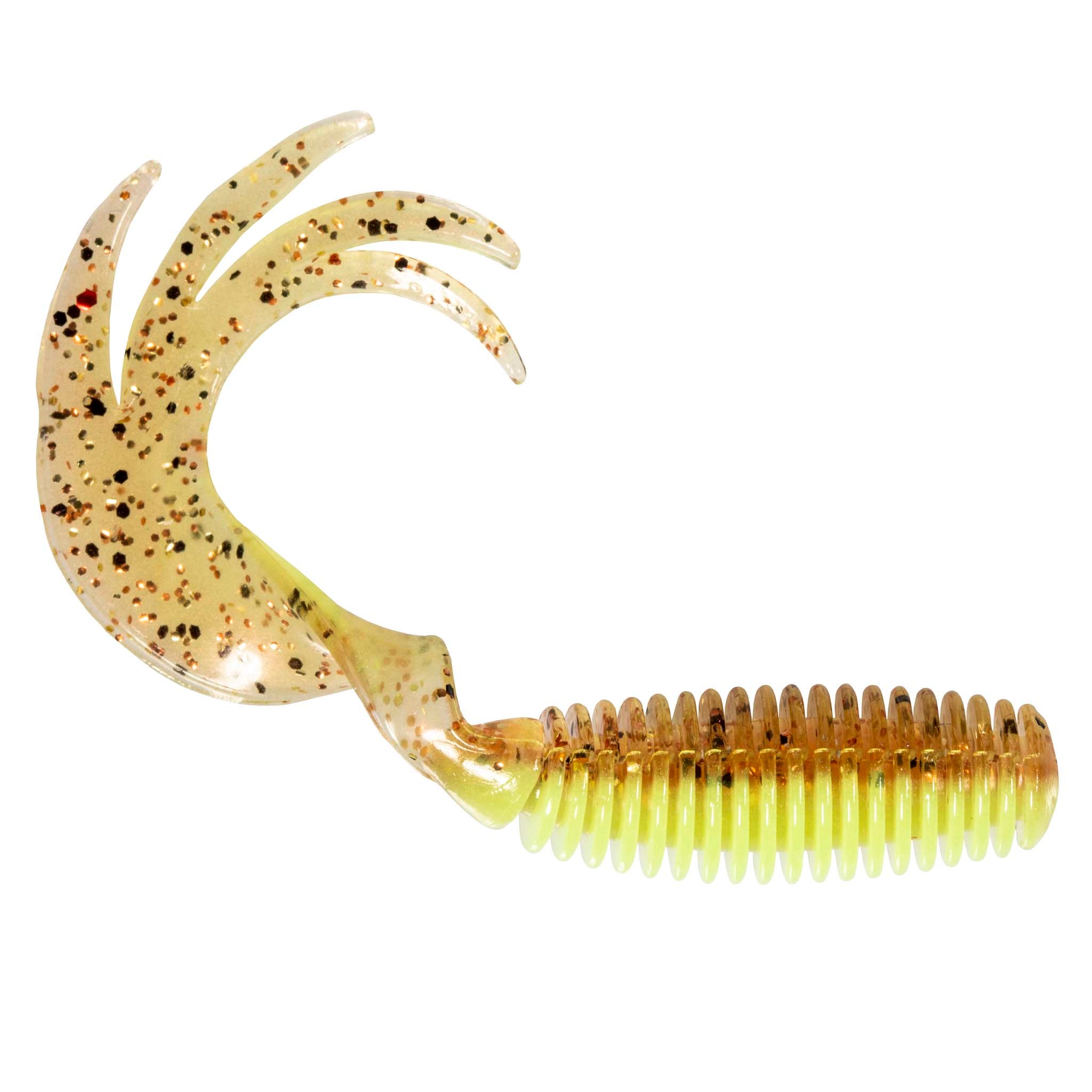 Fishing grub lure in clear tan with gold and dark speckles, ribbed body