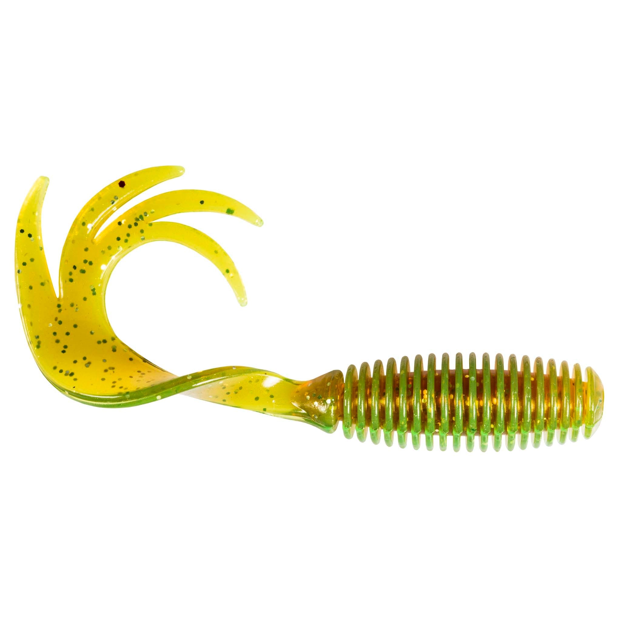 Fishing grub lure in yellow with olive speckles, ribbed grub body
