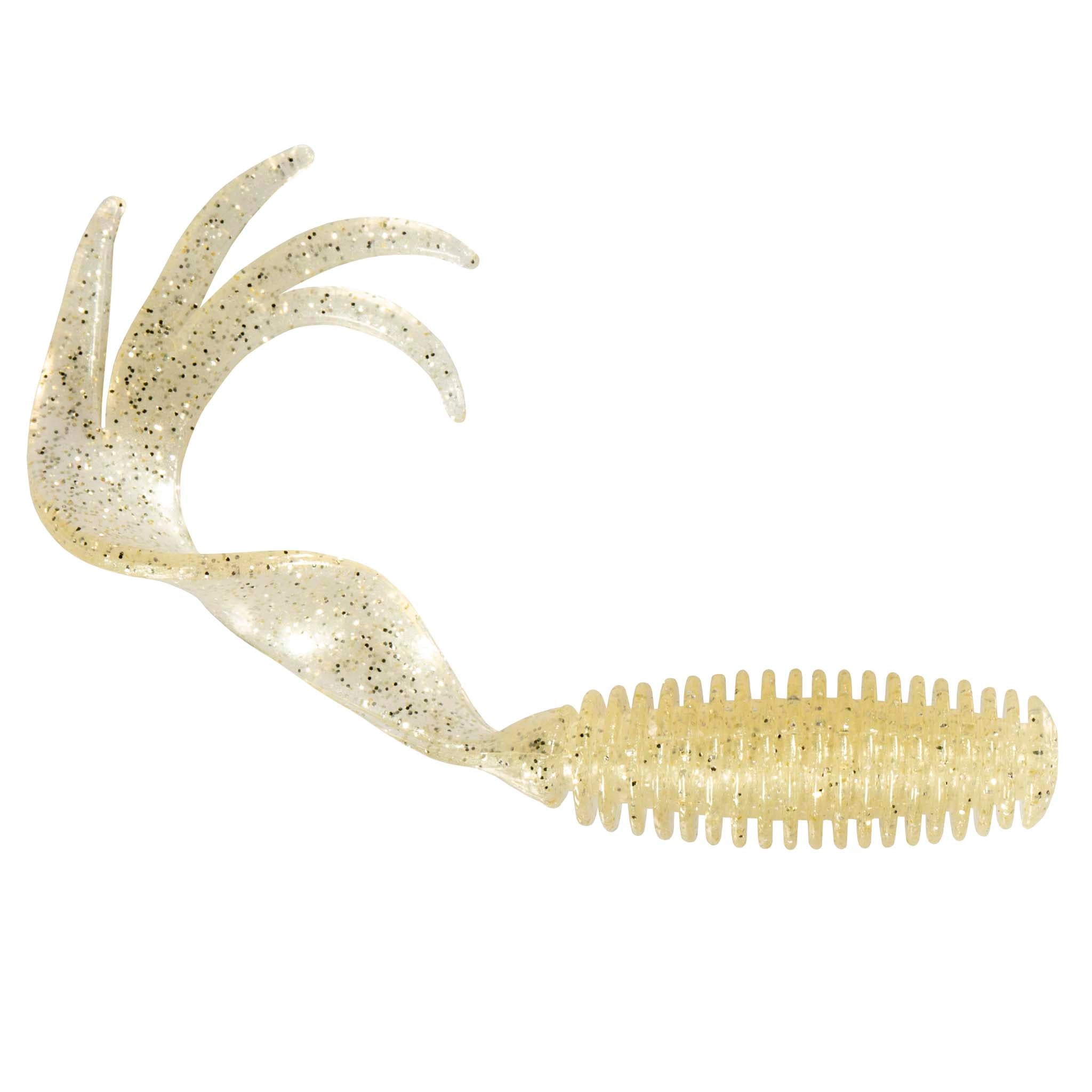 Fishing grub lure in translucent glitter white, ribbed grub body