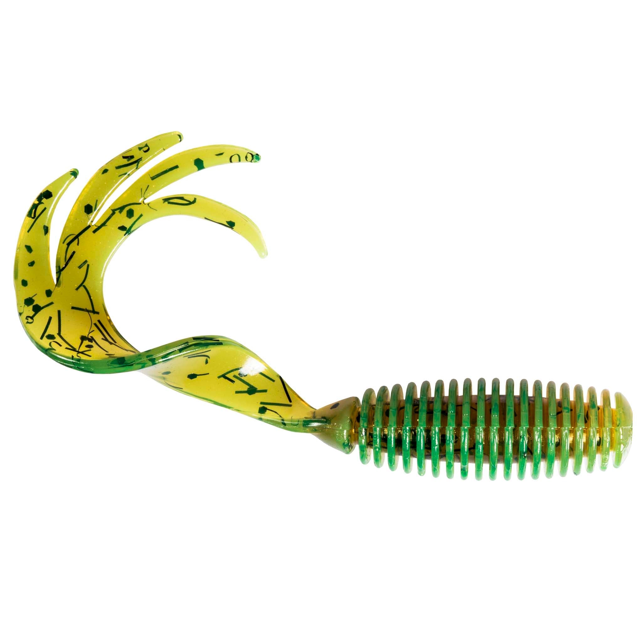 Lime green speckled soft plastic fishing grub with ribbed body and curled tail