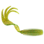 Chartreuse-green speckled soft plastic fishing grub with curled tail and ribbed body