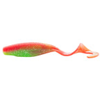 Red-orange curly-tail soft fishing lure with green underside and speckled finish.