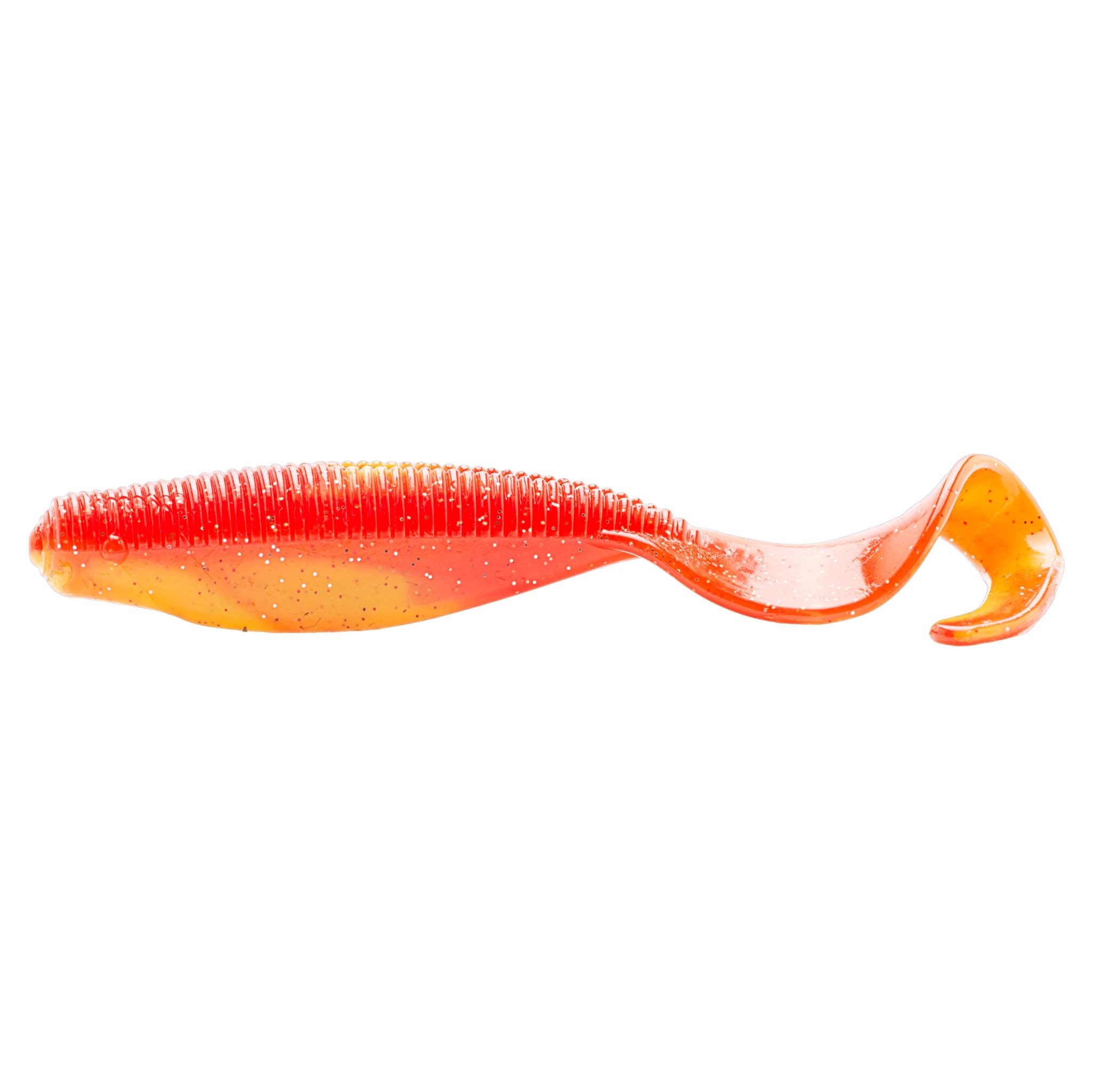 Orange curly-tail soft fishing lure with speckled pattern and curled tail.