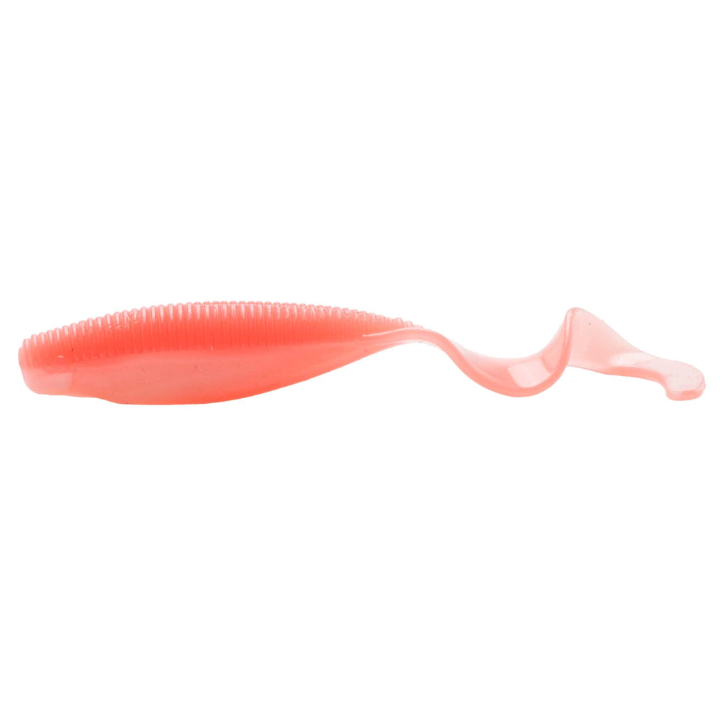 Light pink curly-tail soft fishing lure with translucent body and curved tail.