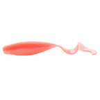 Light pink curly-tail soft fishing lure with translucent body and curved tail.