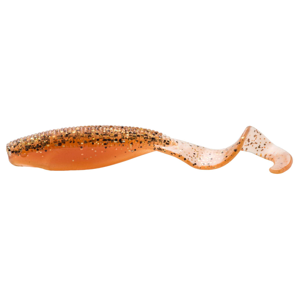 Orange-brown curly-tail soft fishing lure with glitter-speckled pattern.