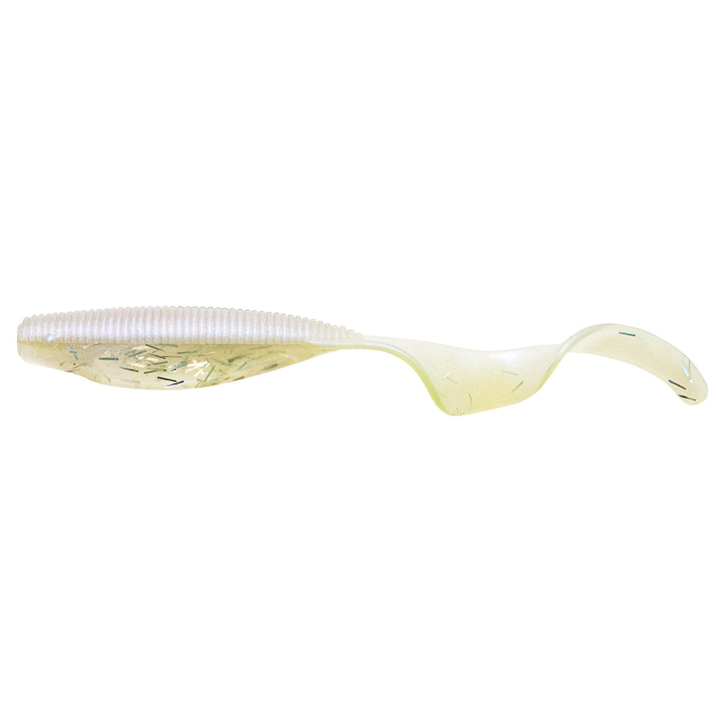 Translucent white and pale yellow curly-tail soft fishing lure with green flecks.