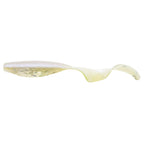 Translucent white and pale yellow curly-tail soft fishing lure with green flecks.