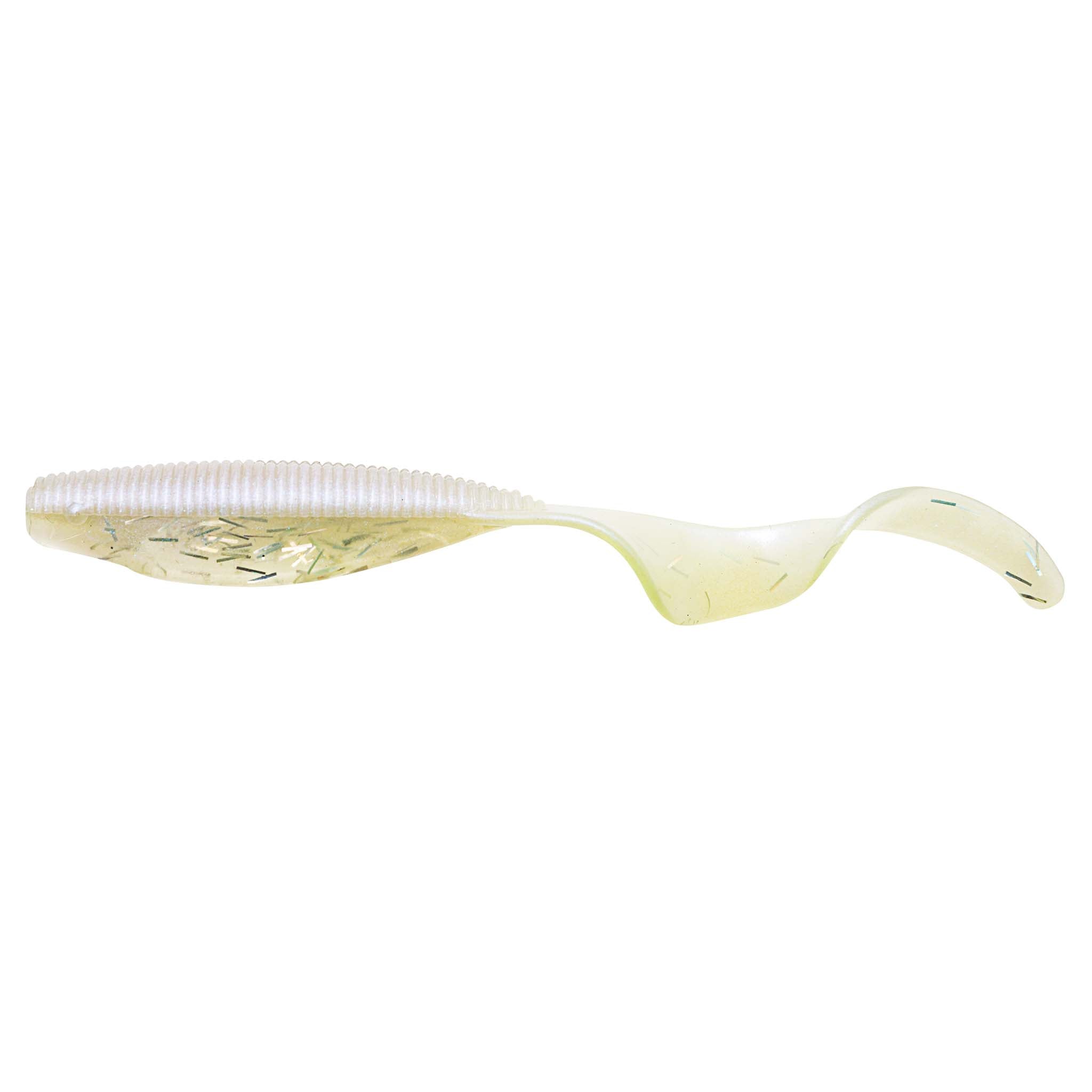 Translucent white and pale yellow curly-tail soft fishing lure with green flecks.